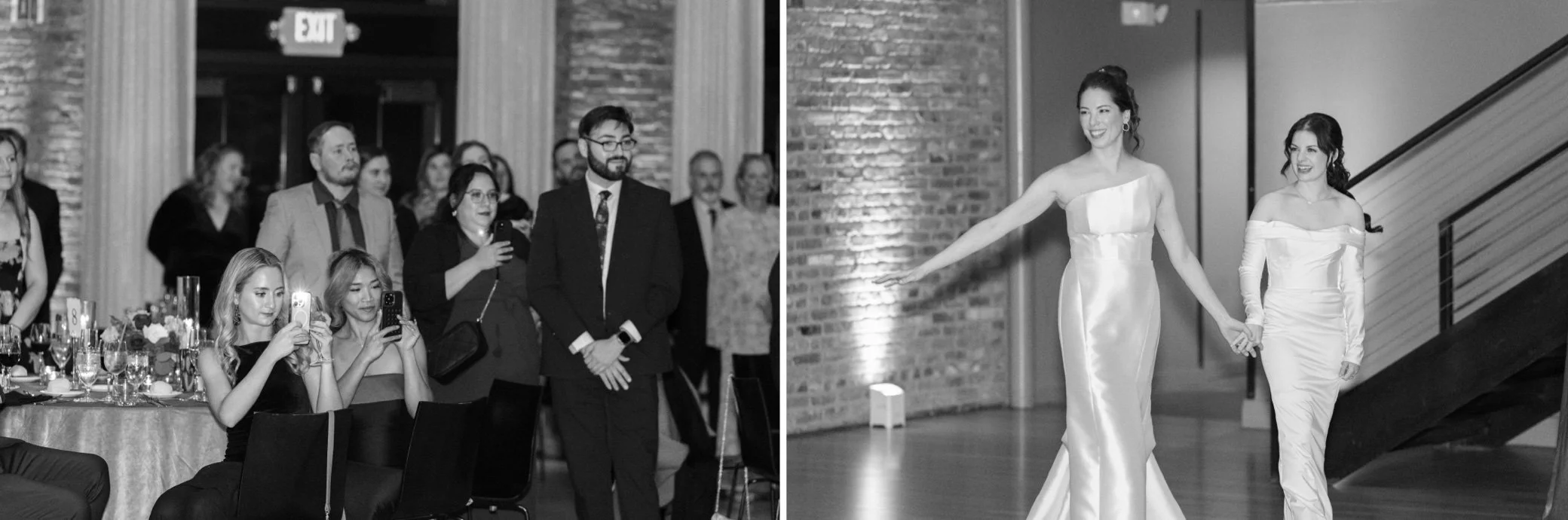  guests cheer while brides enter the reception space at the roundhouse in beacon, ny 