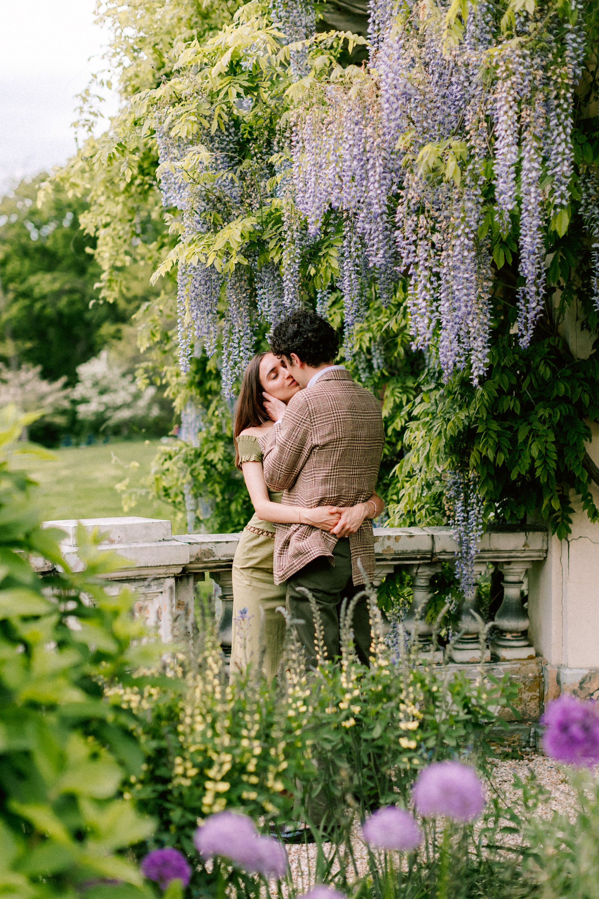 Newly engaged couple embrace in a garden with wisteria at Blithewood Gardens
