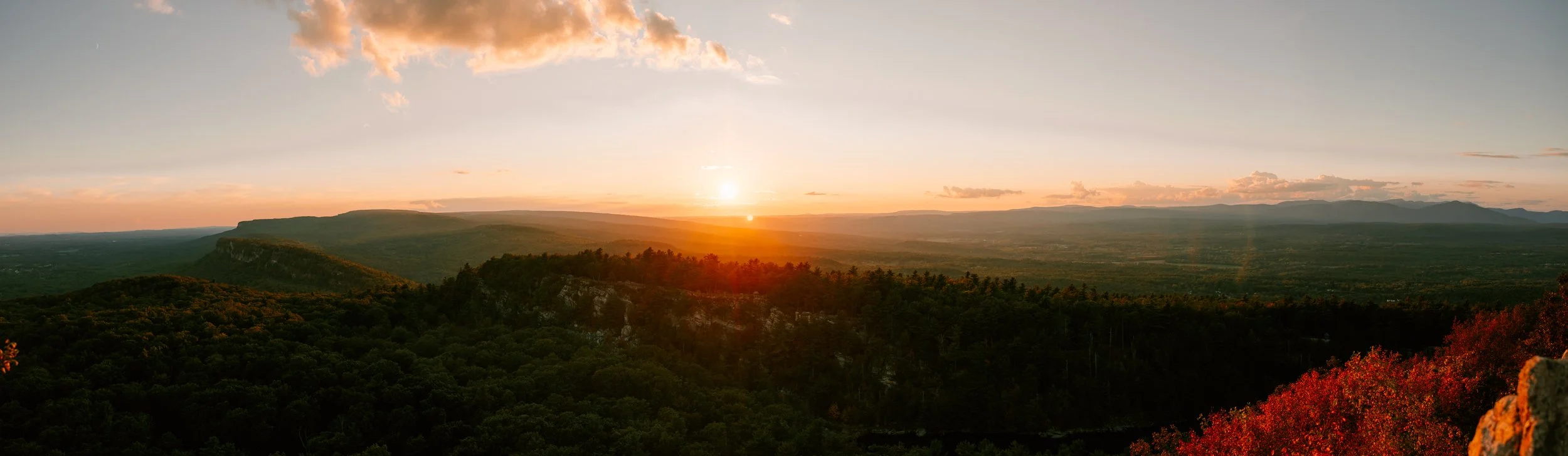 View of the Shawangunk Ridge from SKy Top at sunset during surprise proposal engagement shoot at Mohonk Mountain House