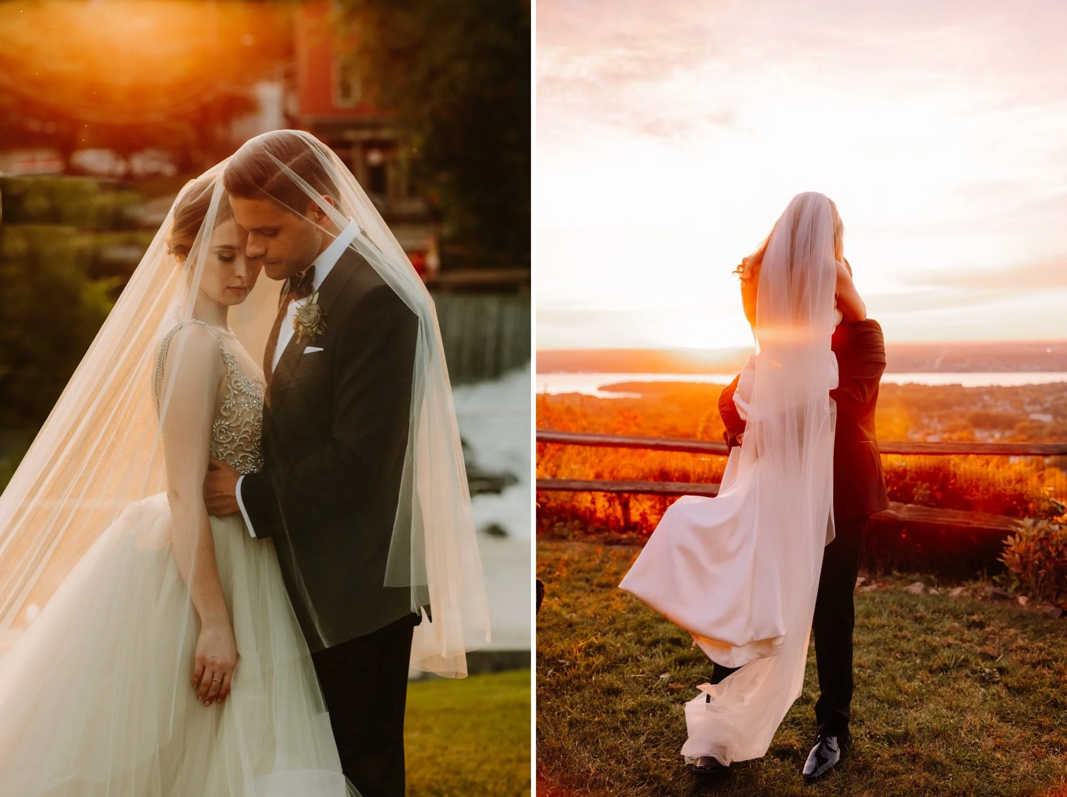 Golden hour photographs of weddings at the roundhouse and lambs hill in beacon, ny