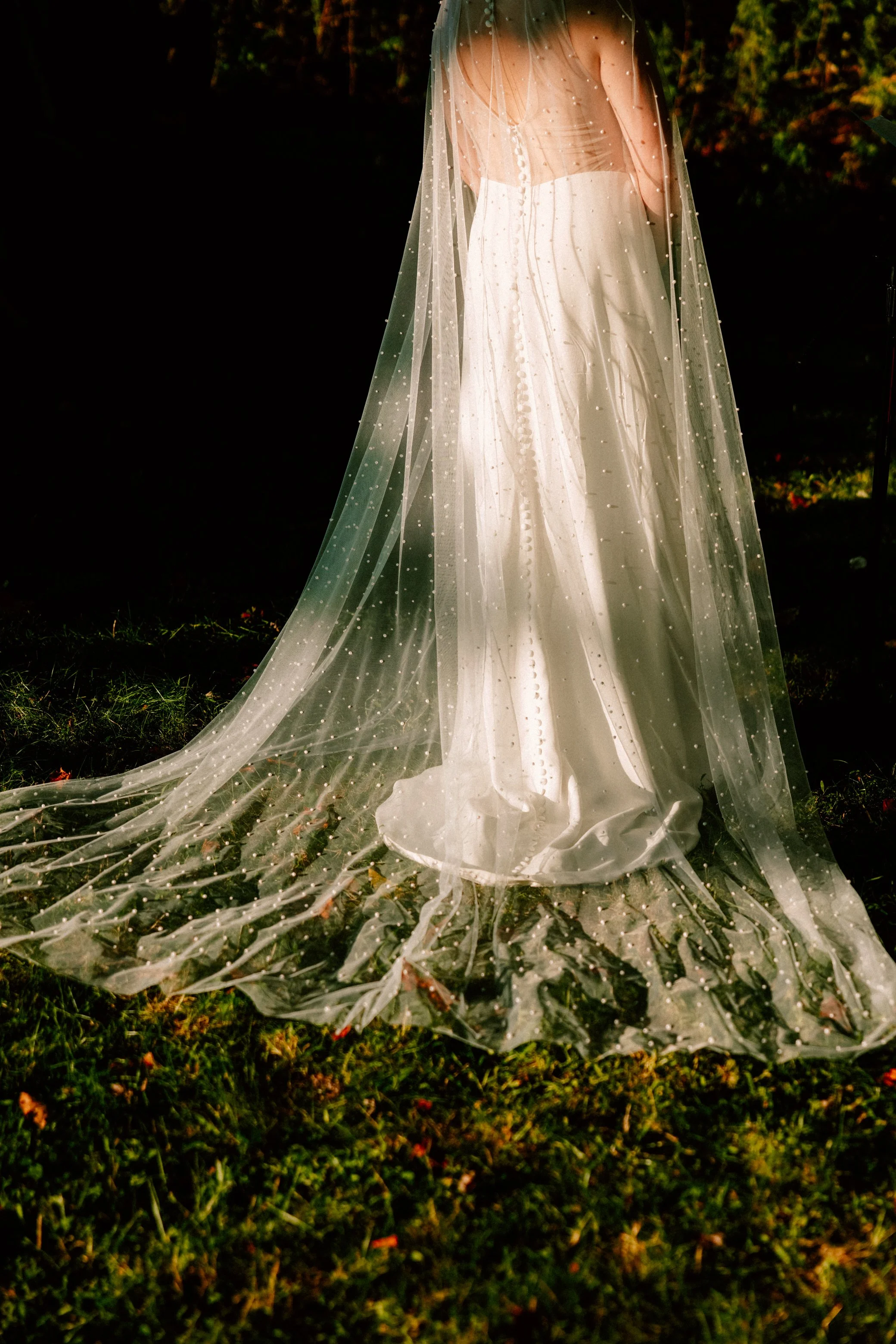 bride's dress in the sun during her wedding ceremony at Crested Hen Farms