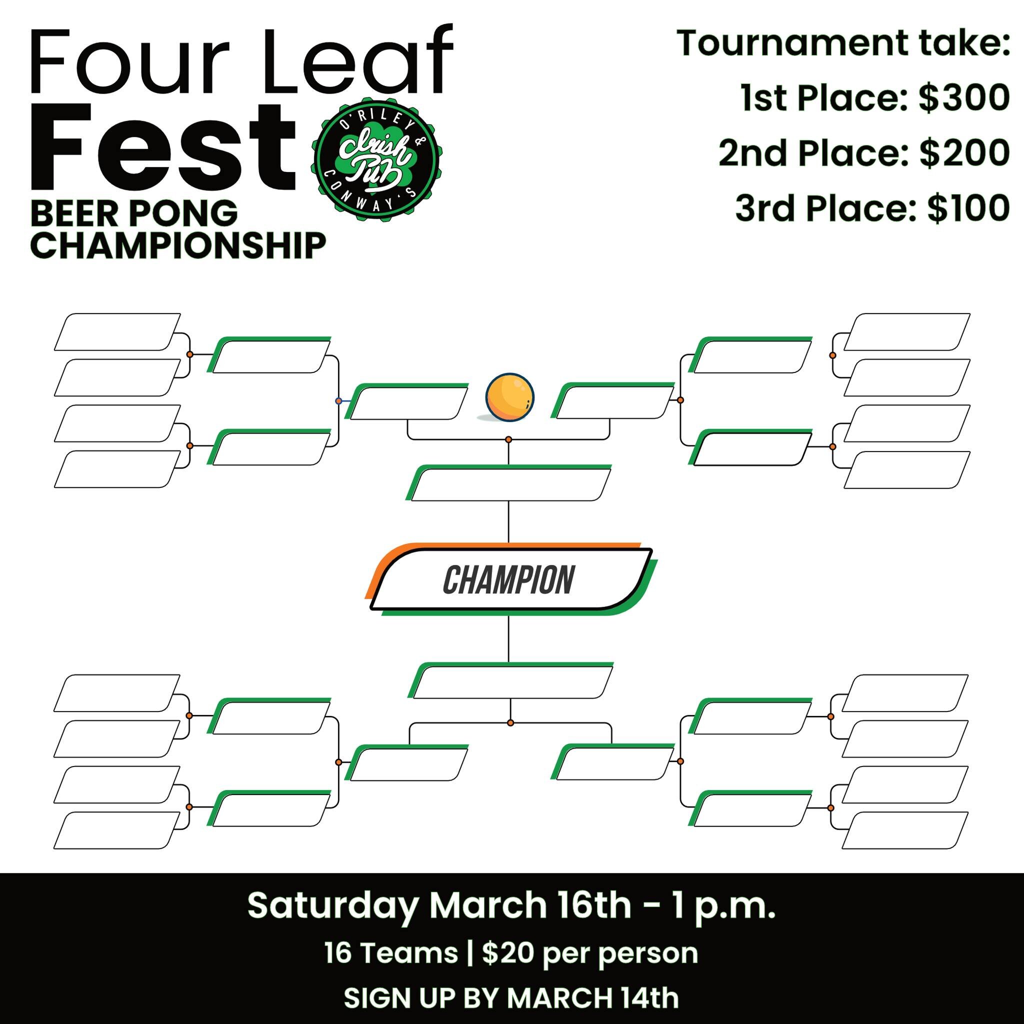 The Beer Pong Championship is officially on!☘️
Find a partner and drop in to the pub to sign up! 
👇
Buy in and team name due at sign up. 
A schedule will be posted as soon as the bracket is full!