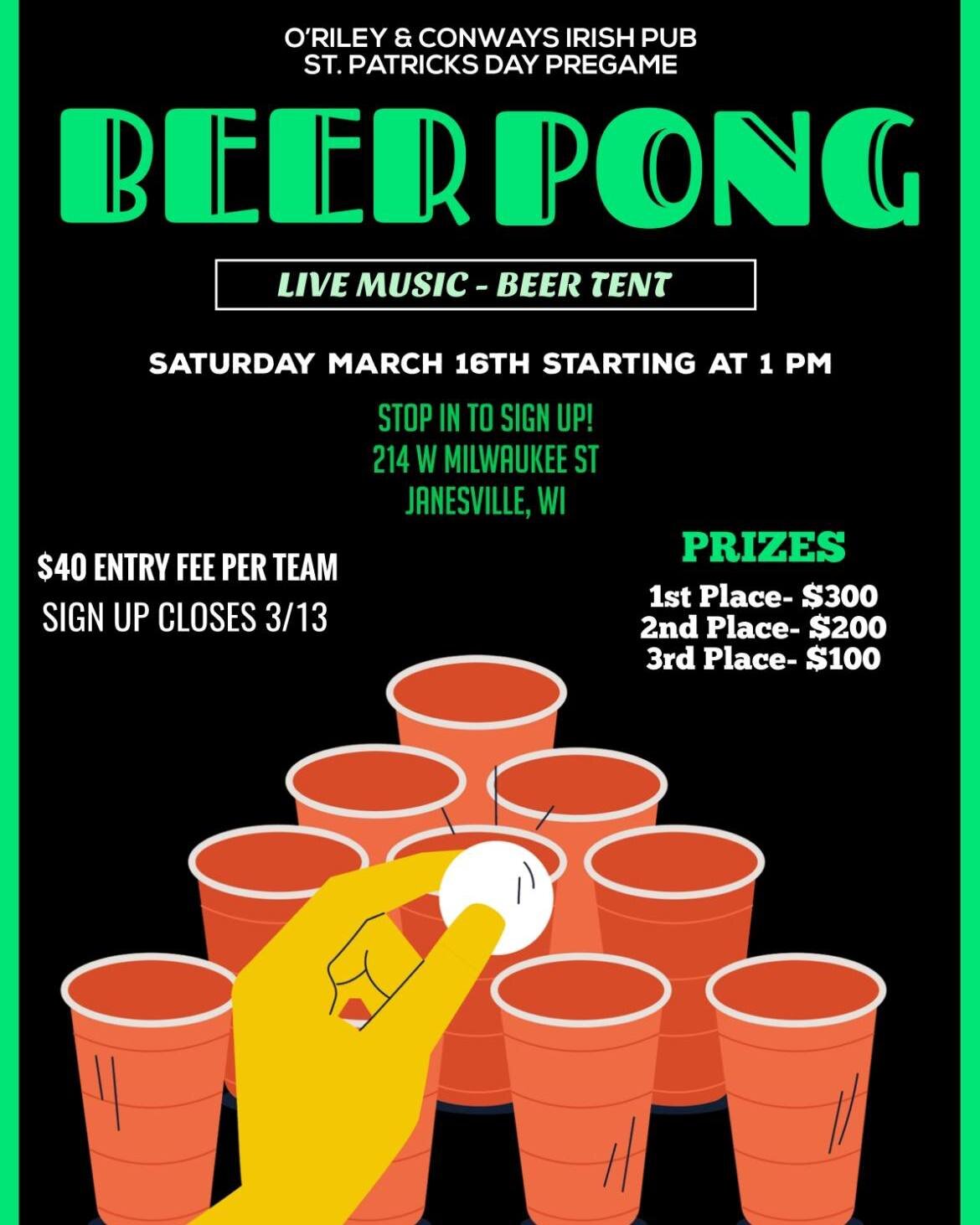 Hey friends! We hope everyone is having a marvelous monday!☘️
--
Just a quick reminder, we only have a couple days left to get signed up for the Four Leaf Fest Beer Pong Tournament!😎
--
Get your partner, pick a team name and pop into the pub to sign