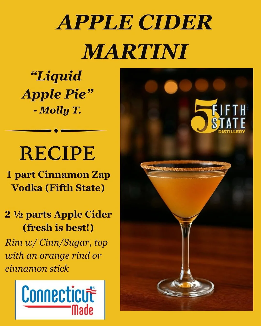Happy Friday & Happy Fall!  Our Apple Cider Martini is so easy to make with @fifthstatedistillery Cinnamon Zap Vodka and fresh apple cider!
Visit us this weekend at any of these events where you can taste and purchase!