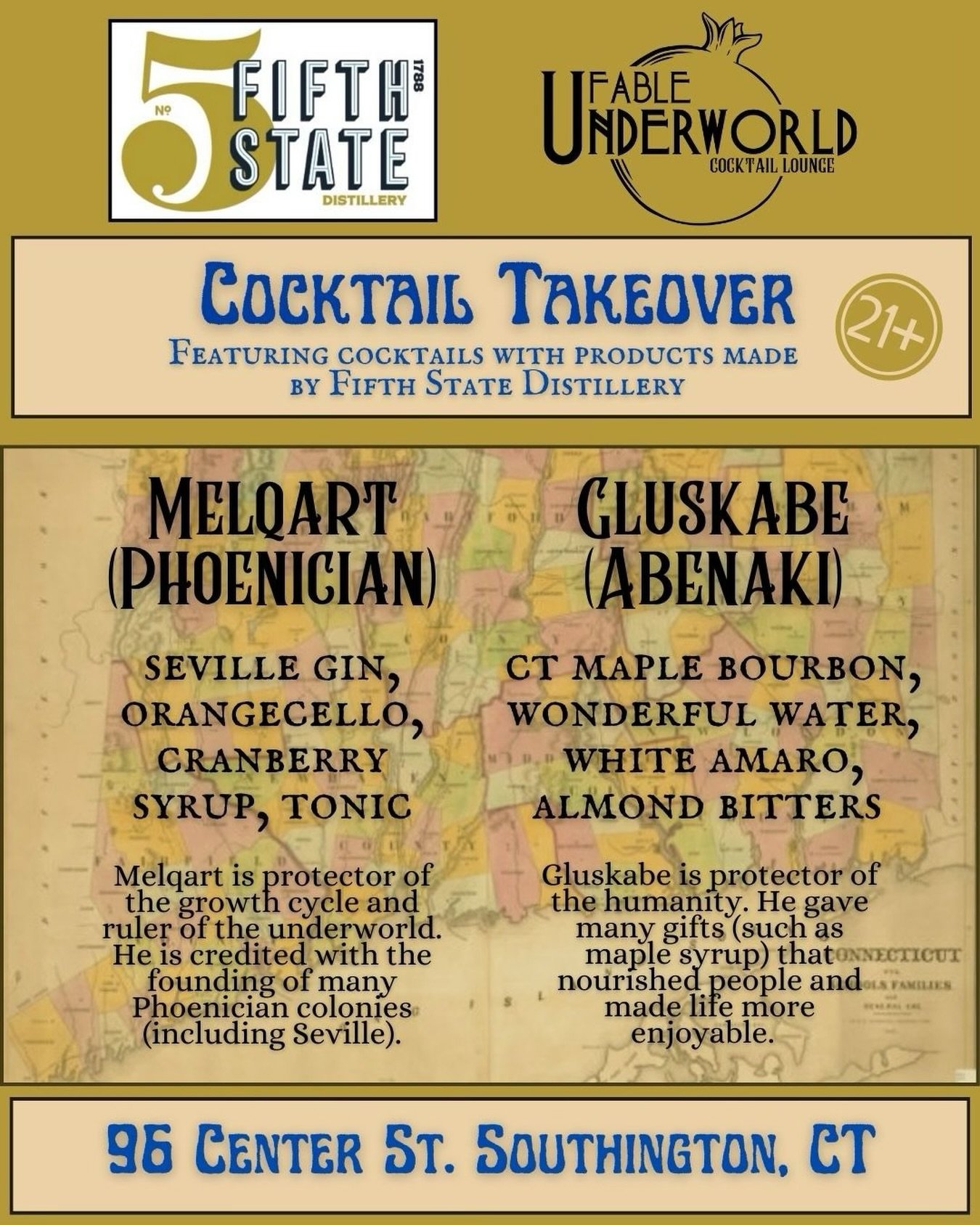 Tonight, 6-8 pm specialty cocktails @fable_underworld in Southington!  Taste the locally crafted spirits from @fifthstatedistillery.