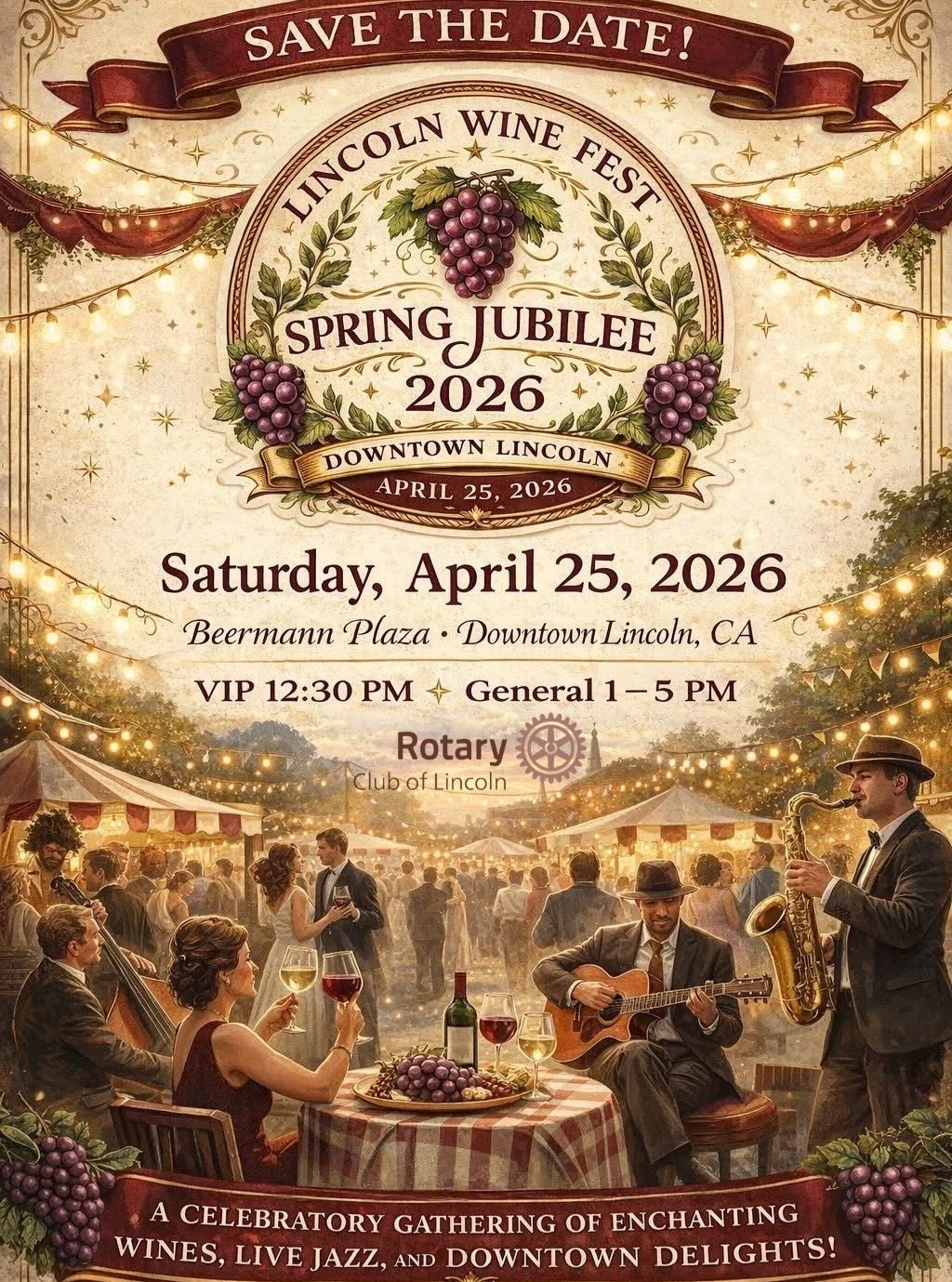 🍷 Tickets Are Now Available for Lincoln Wine Fest &ndash; Spring Jubilee 2026! 🎷

Sip, stroll, and savor at Lincoln Wine Fest &ndash; Spring Jubilee 2026 in historic Downtown Lincoln! Join us Saturday, April 25, 2026 at Beermann Plaza for an unforg
