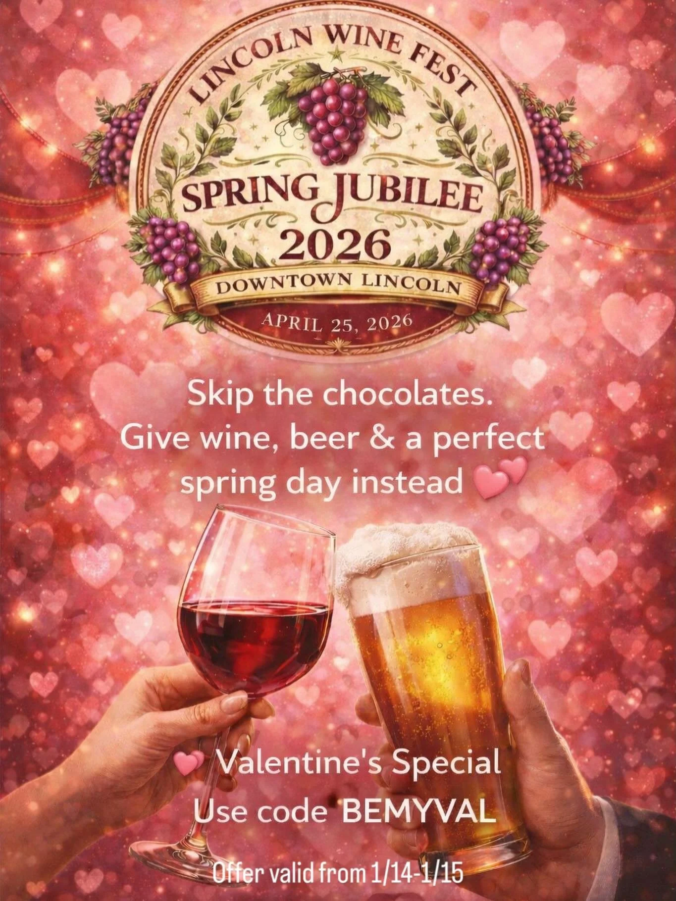 💘 Skip the chocolates.
🍷 Give wine, beer &amp; a perfect spring day instead.

This Valentine&rsquo;s Day, give an experience &mdash; not stuff 💕
Join us at Lincoln Wine Fest &ndash; Spring Jubilee 2026 🌸

✨ Wine &amp; beer tastings
🎷 Live jazz
☀