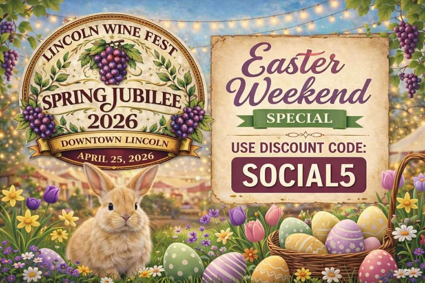 🌸🐰 Easter Weekend Special is HERE! 🐰🌸

Celebrate spring the right way with us at the
🍷 Lincoln Wine Fest &ndash; Spring Jubilee 2026 🍷

✨ Stroll through Downtown Lincoln
🍇 Sip incredible wines &amp; craft brews
🎶 Enjoy live music, art, and lo