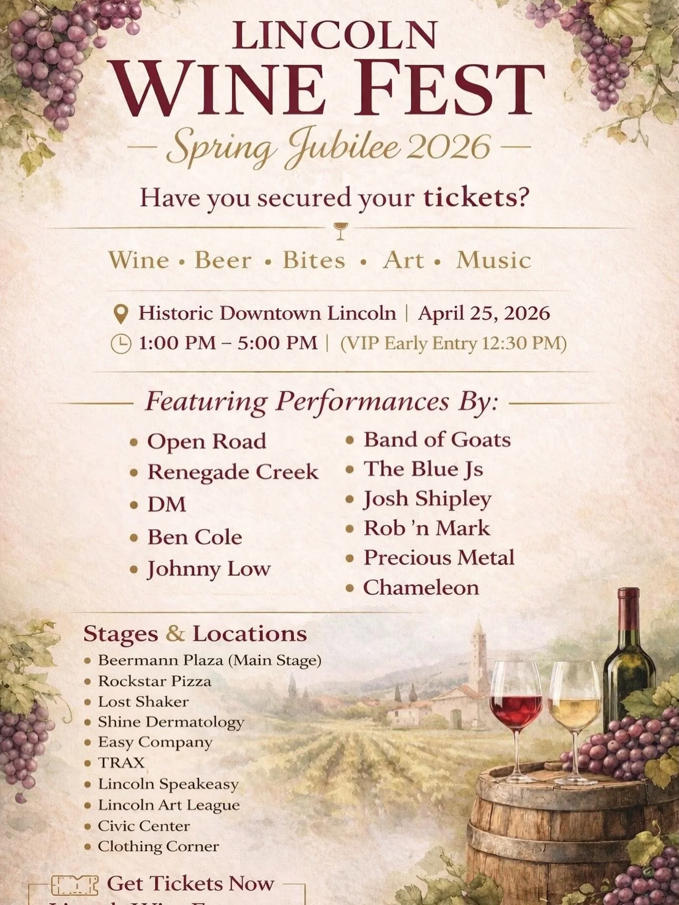 Join us for an unforgettable spring afternoon in Historic Downtown Lincoln filled with:

🍷 Wine
🍺 Craft Beer
🍴 Delicious Bites
🎶 Live Music throughout downtown
🎨 Local Art &amp; Boutique Shopping

With multiple stages, incredible local bands, an