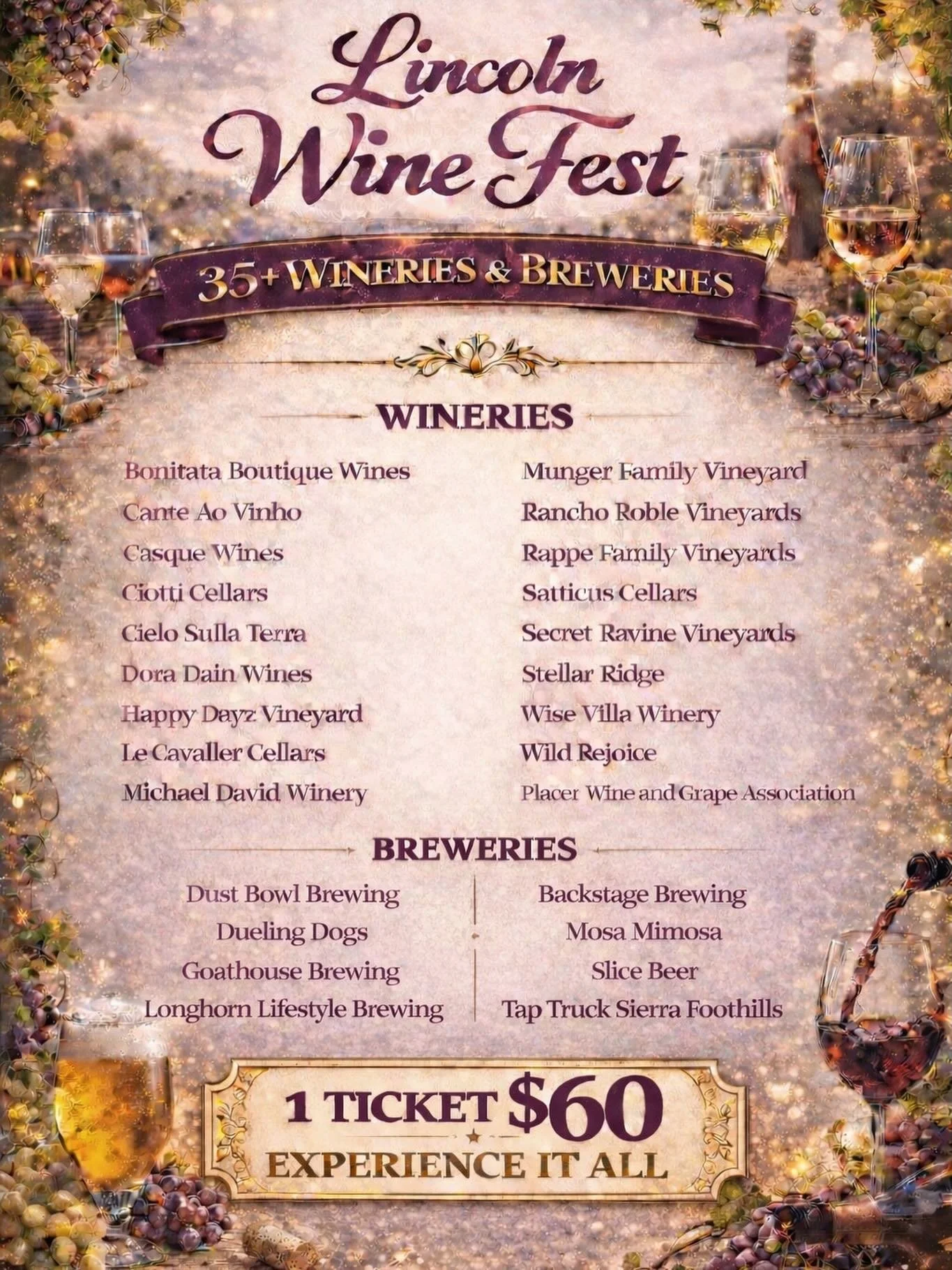 🍷✨ An Experience Worth Savoring ✨

Join us for the Original Lincoln Wine Fest &mdash; 14 Years of Distinction

Featuring 35+ wineries &amp; breweries, thoughtfully curated to showcase the best of our region.

✨ VIP 12:30 PM | General 1:00 PM

🎟️ $6
