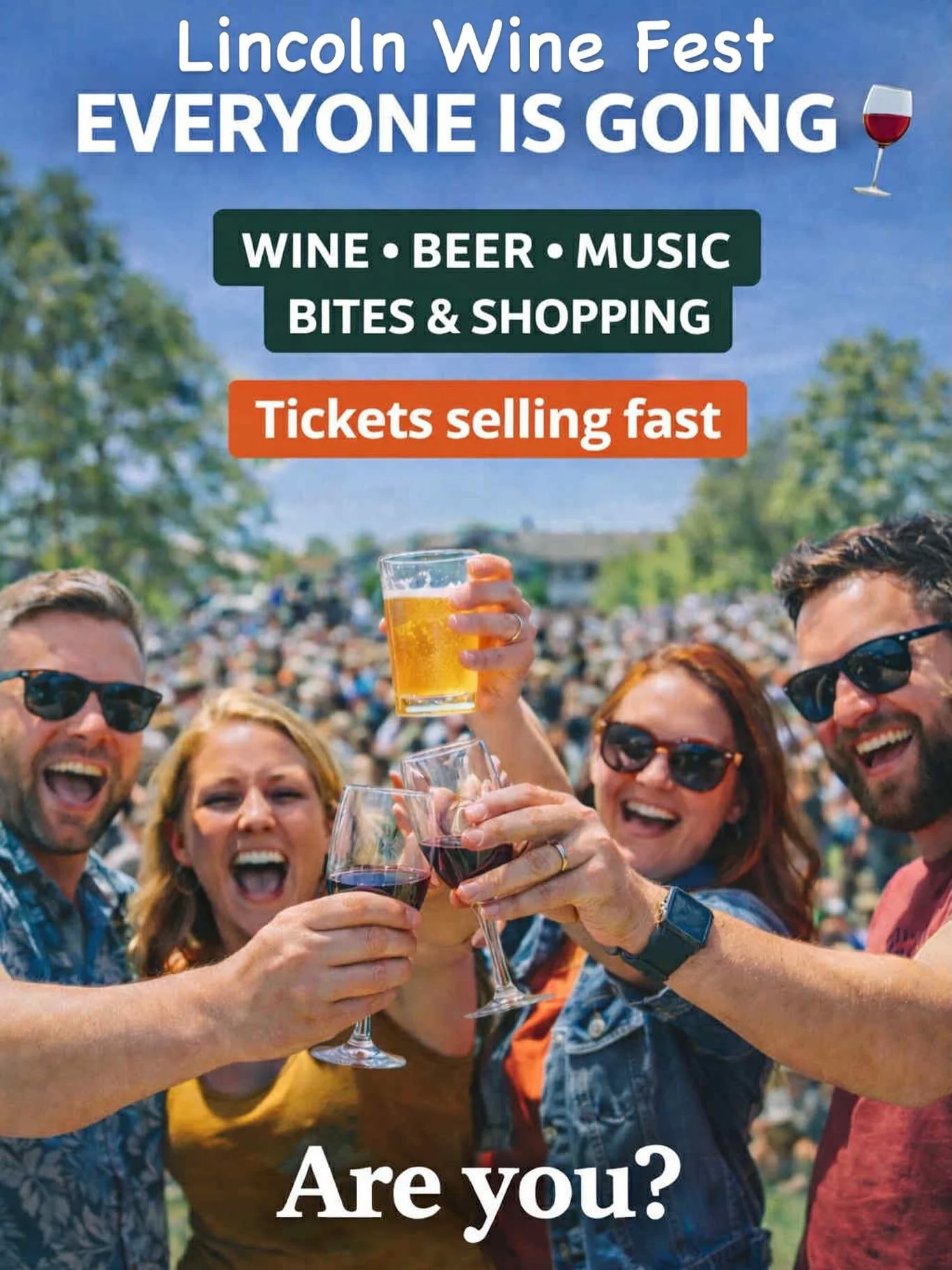 Everyone is going&hellip; are you? 🍷

Wine. Beer. Music.
Bites + shopping.
All in one place, one day. $60 Imvludes It all

Tickets are going fast&mdash;don&rsquo;t miss it.

✨ Grab yours now
www.lincolnwinefest.org

April 25 &bull; Downtown Lincoln