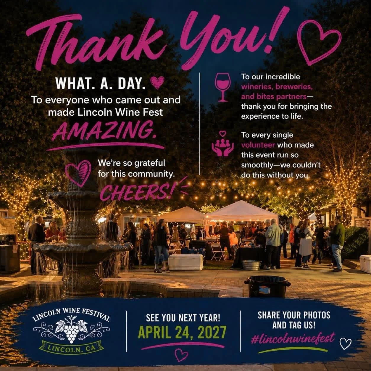 WOW. What a day.

Lincoln&mdash;you showed up 🍷

Thank you to everyone who came out, our amazing wineries, breweries, and bites partners, service clubs and every single volunteer who made it all happen.

This is what community looks like&mdash;and w