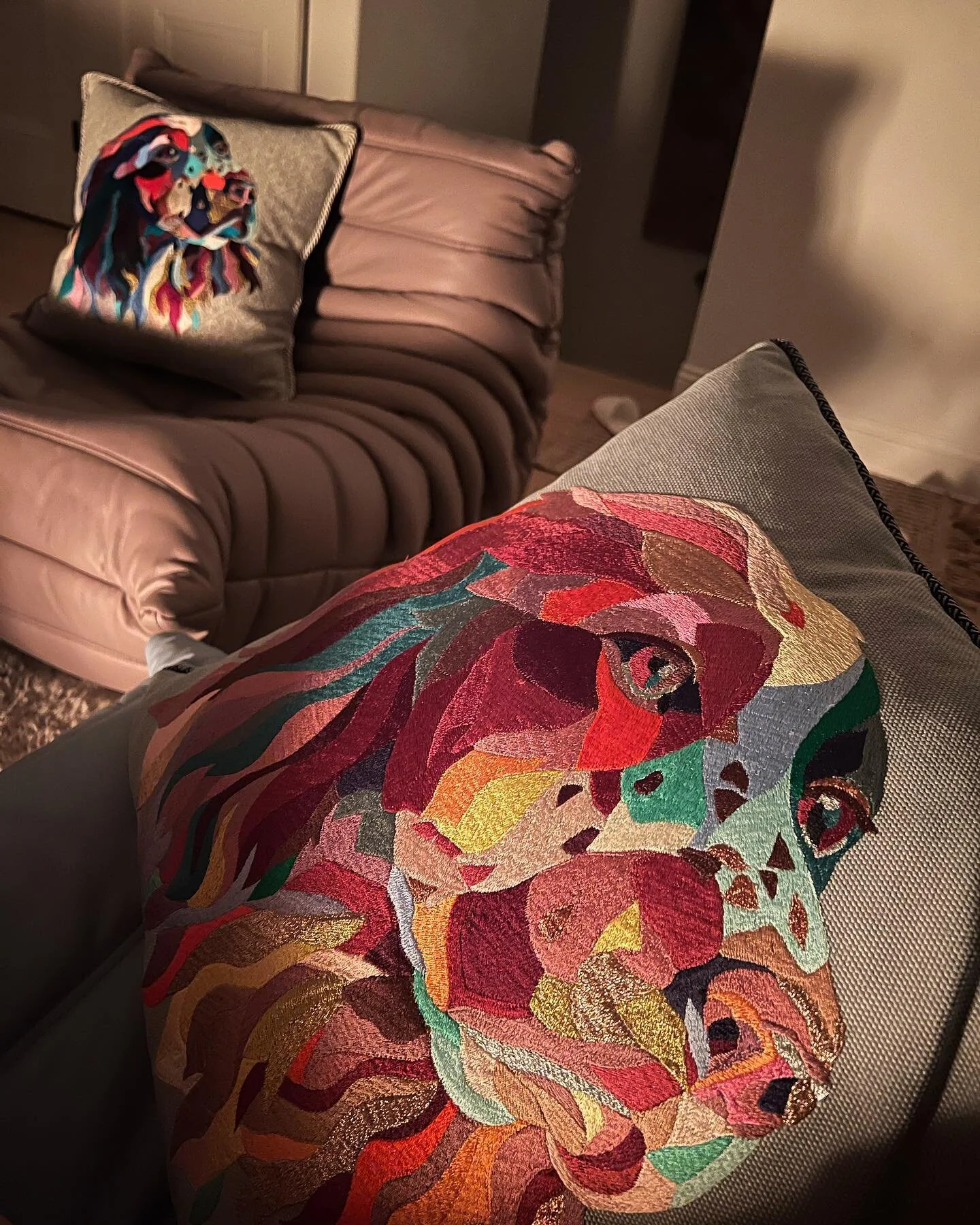 Terracotta Koda pillow by the fire. #homedecor #embroiderydesign #happy