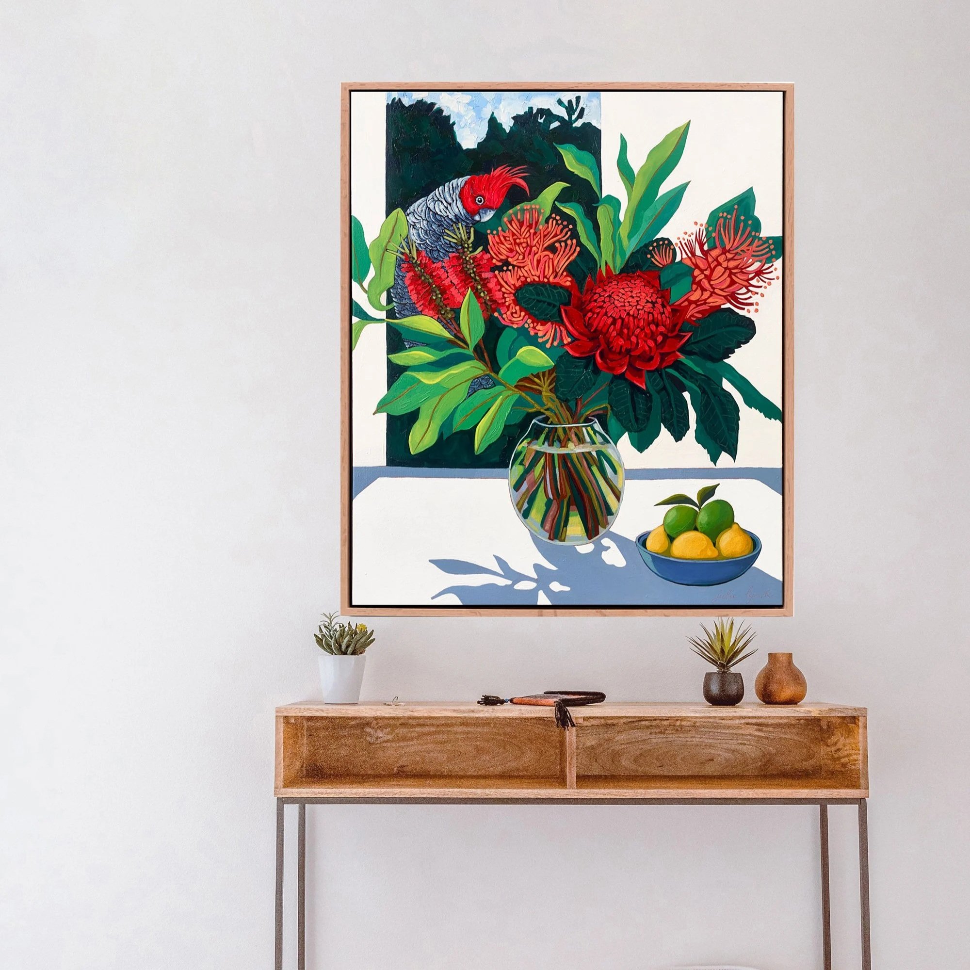 Gang-gang Cockatoo and Waratah | Framed Ltd Ed. Print of 50 | 80H x 65W | 65H x 45W  | 55H x 45W x 5.5D |