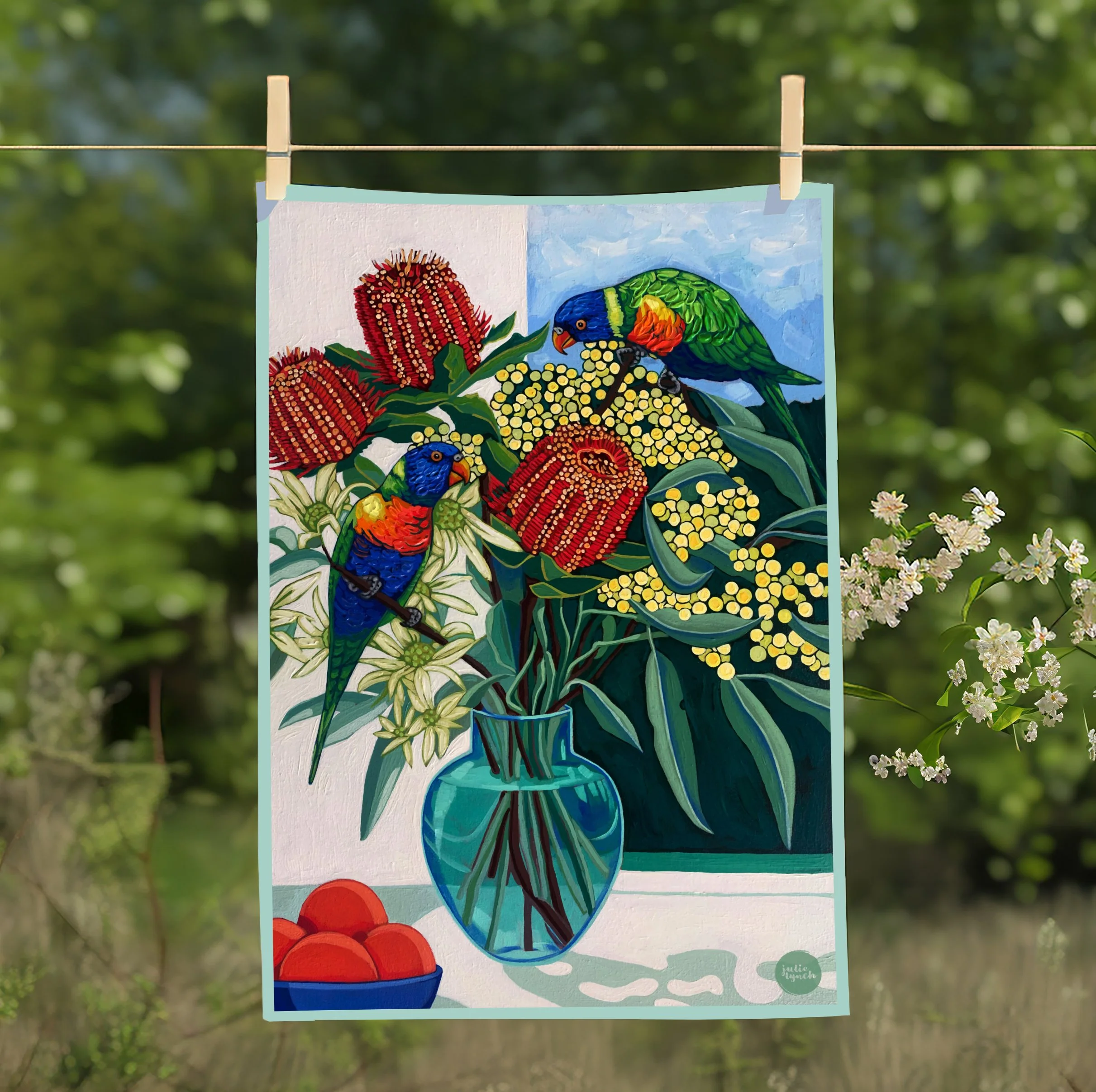 SquareLorikeets Teatowel on famr background.jpg