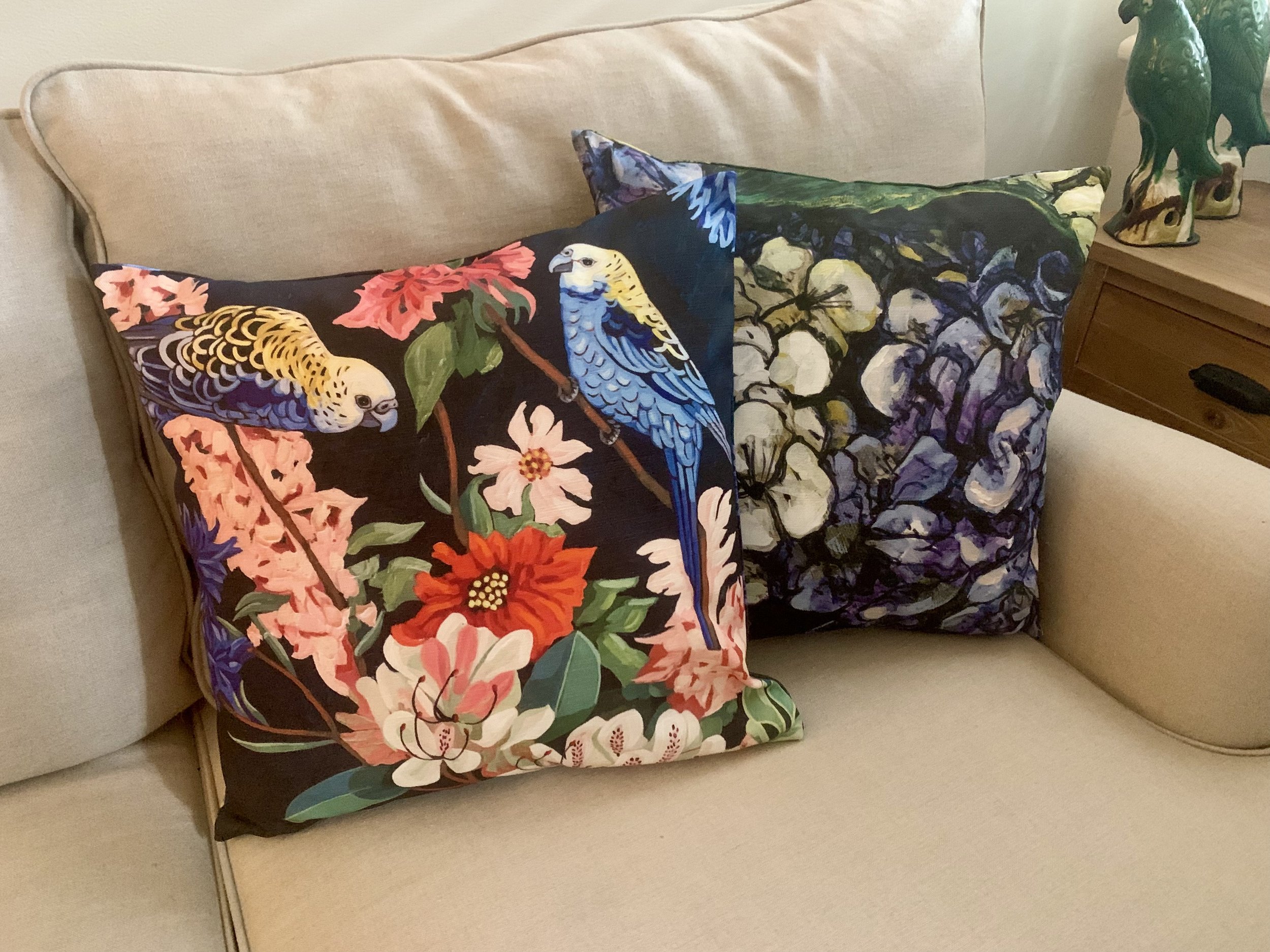 Rosella and Hydrangeas cushions.jpg