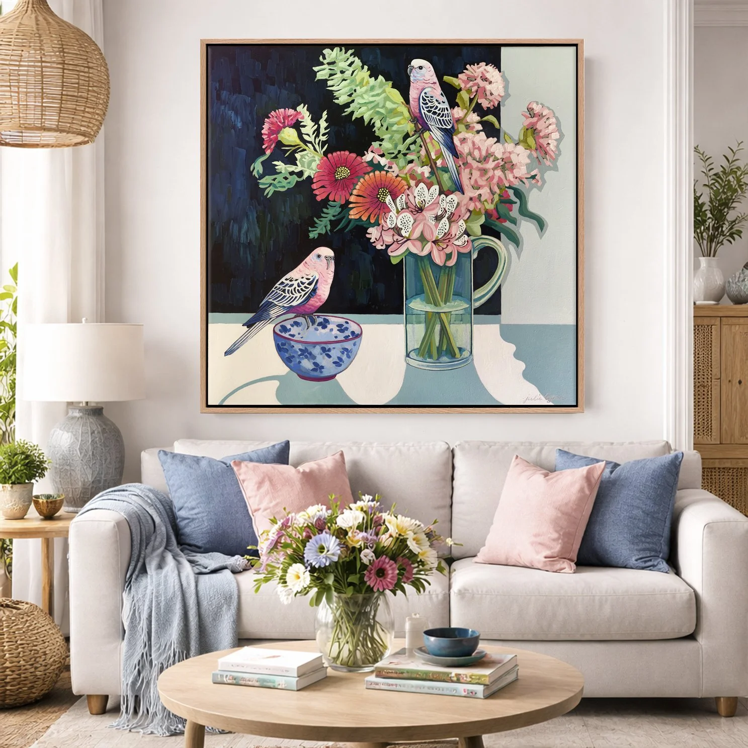 Pink Parrots_Framed print_80x80cm_livingroom.jpg