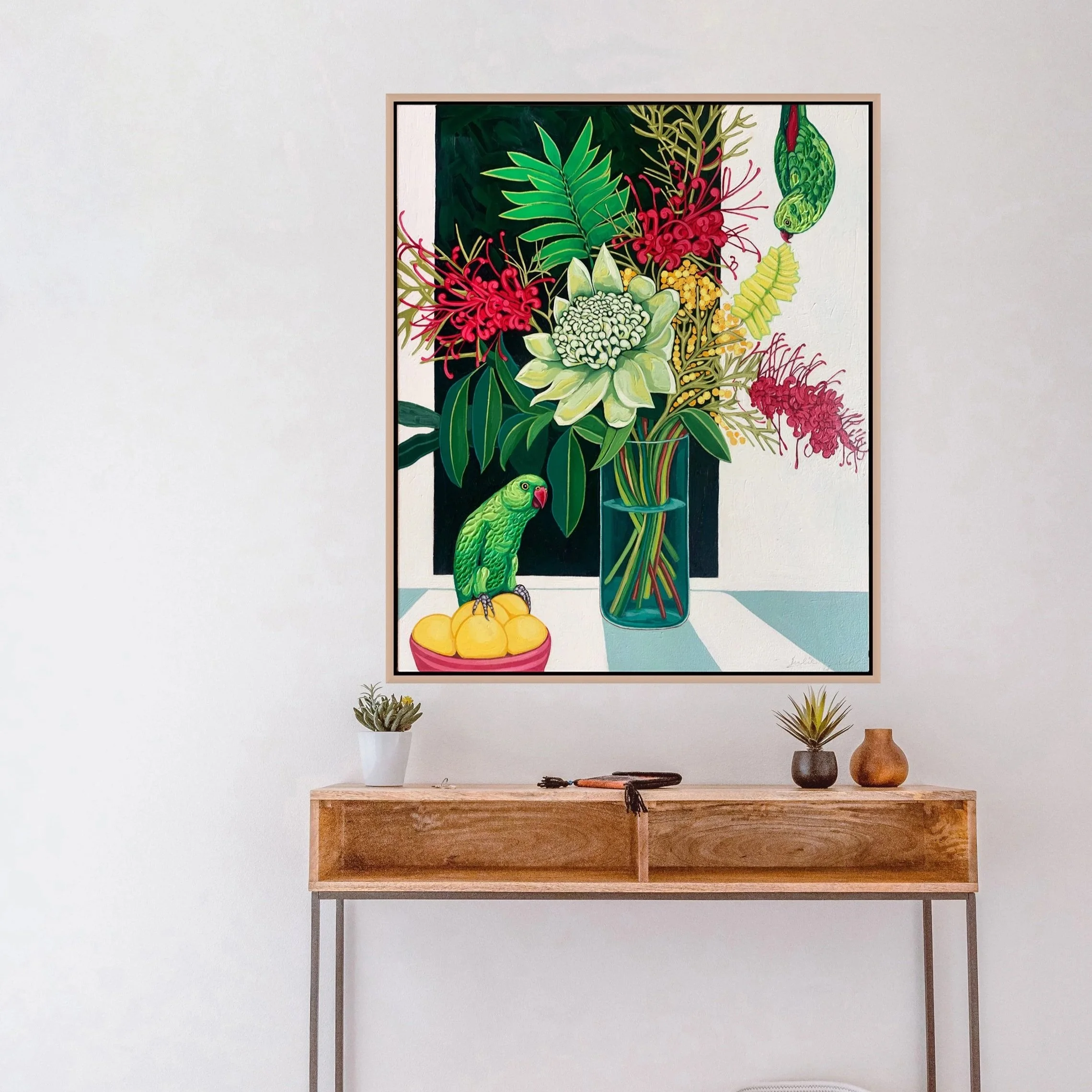 Green Parrots and Lemons | Framed Ltd Ed. Print of 50 | 80H x 65W | 65H x 45W  | 55H x 45W x 5.5D |