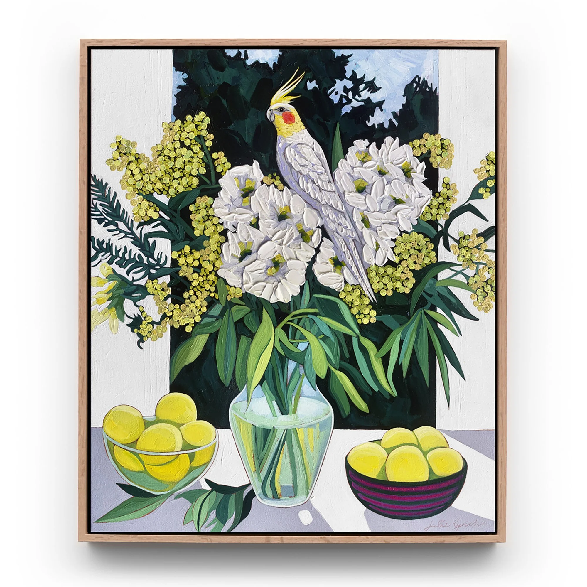 JulieLynch_Cockatiel and Lemons_oil on canvas_framed on white.jpg