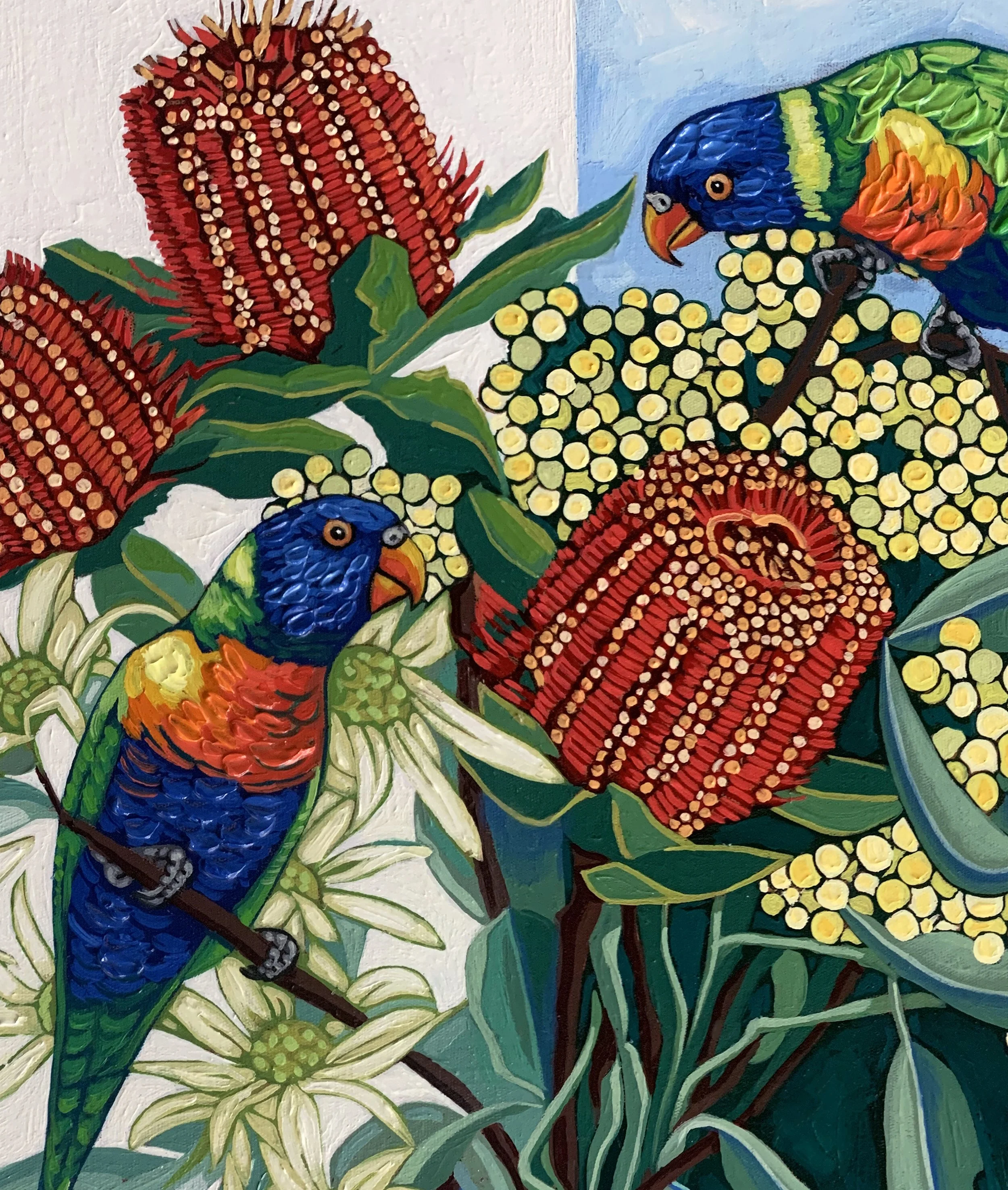 Julie Lynch_Rainbow Lorikeets and Oranges_oil on canvas_63 x 53cm_close-up_$1800.jpg