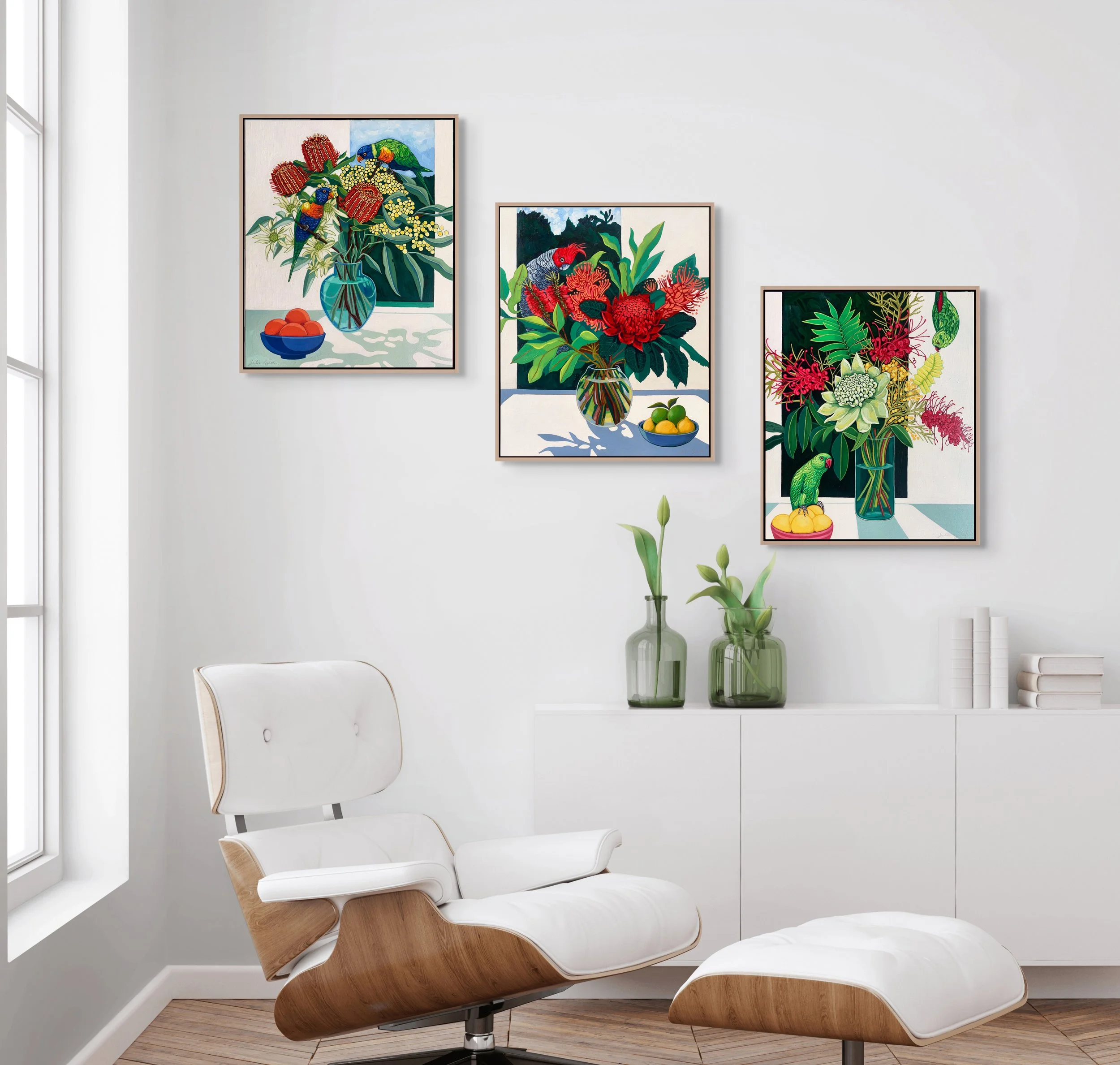 Julie Lynch_Rainbow Lorikeet_Gang-gang_Green Parrots in Living Room.jpg