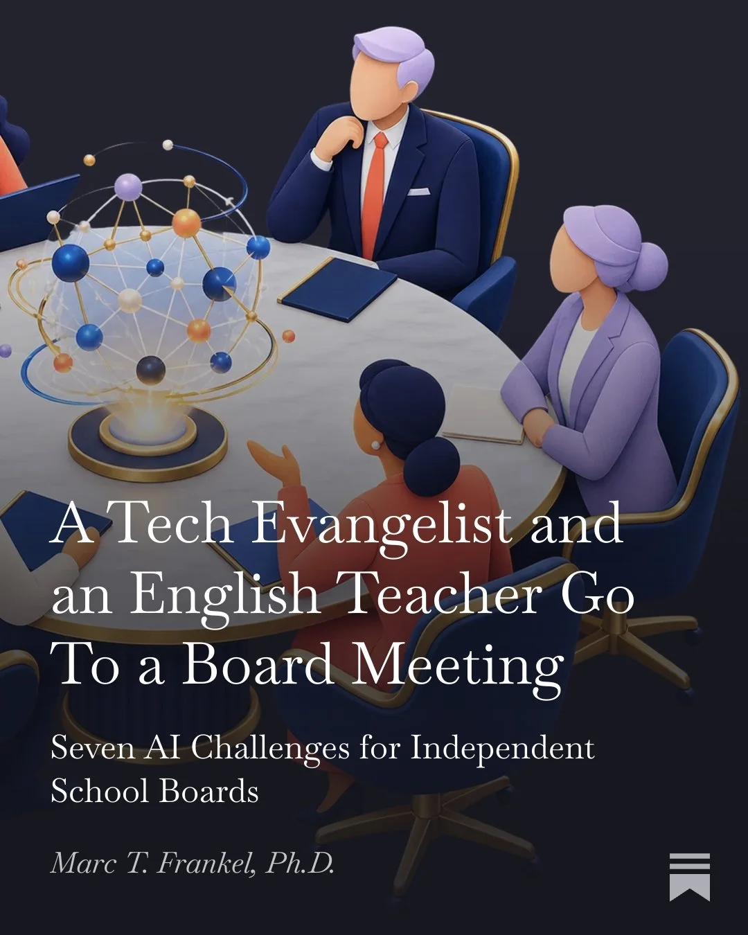 Illustration of a professional meeting with a man in a suit, a woman in a blazer, and a person with hair in a ponytail, sitting around a conference table with a floating 3D atomic model or molecular structure on it.