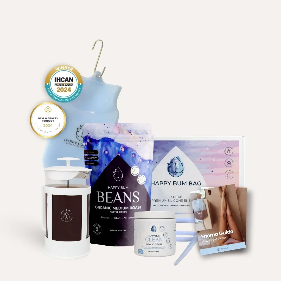 Happy Bum Beginners Bundle coffee enema kit with organic coffee, plunger band cleaner