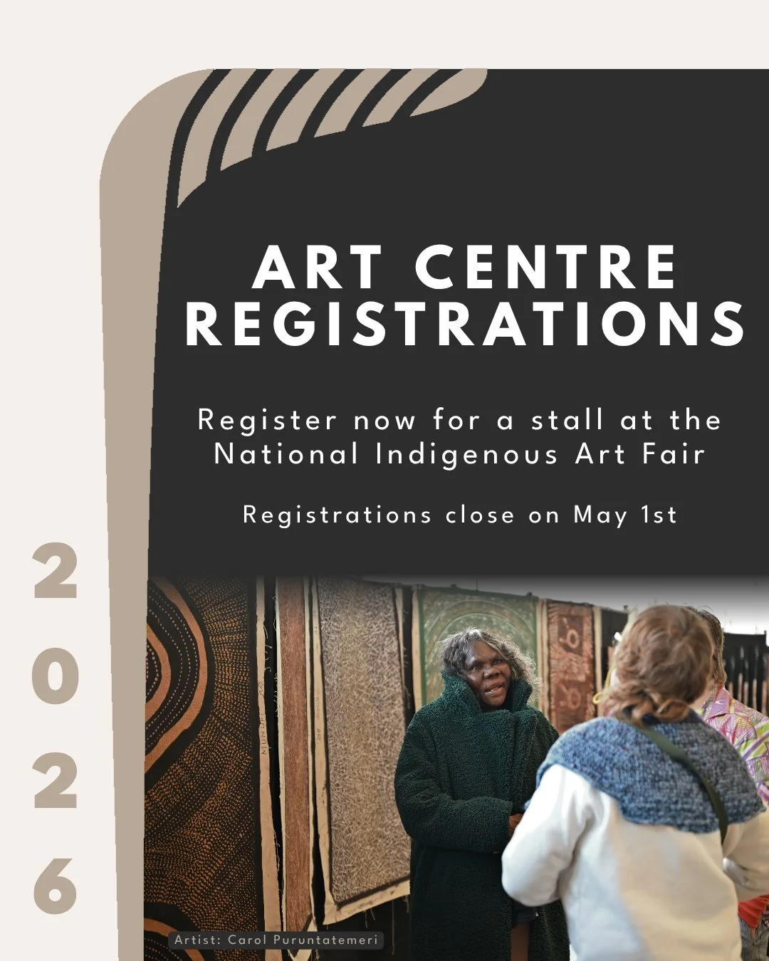 Limited spaces for Art Centres to register for the National Indigenous Art Fair 2026 👣❤️

Join us on Gadigal Land at The Cutaway, Barangaroo from the 3-5 July !

Participating Art Centres can take part in two days of professional development prior t
