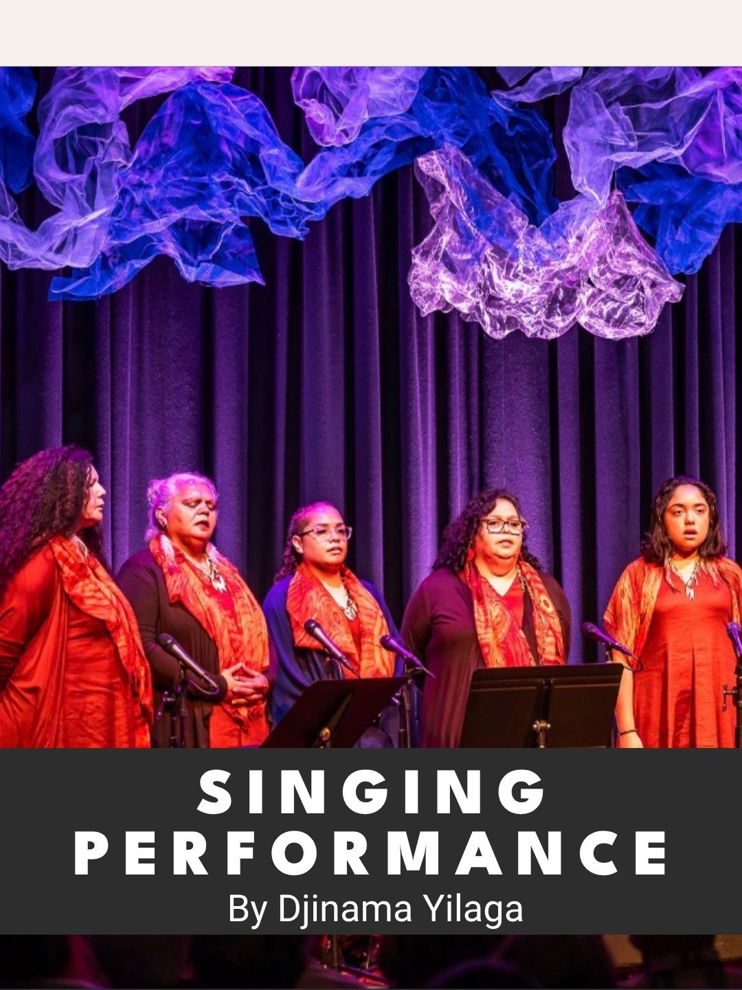 Djinama Yilaga Choir is an intergenerational Yuin choir revitalising and renewing the Dhurga language of the South Coast region of NSW. From performances at Vivid Sydney, Parliament House, and international festivals, to commissions for the Art Galle