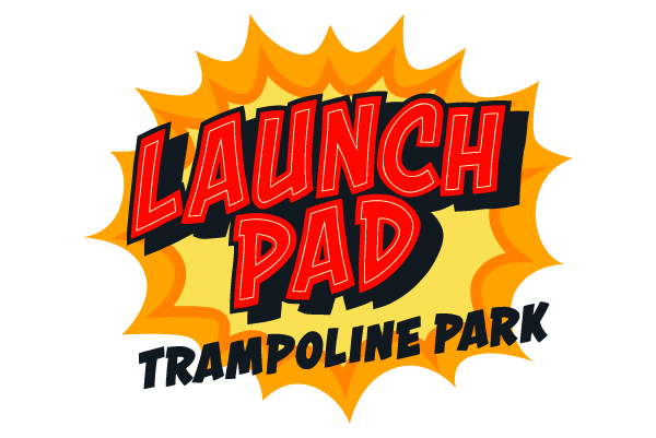 Colorful logo for Launch Pad Trampoline Park with a comic-style explosion background.