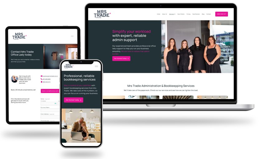 mrs tradie office lady custom website design on laptop, tablet and mobile screens
