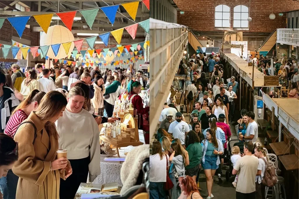 Crowded indoor marketplace with colorful pennant banners hanging overhead, featuring two separate views of shoppers browsing and socializing among various stalls and booths.