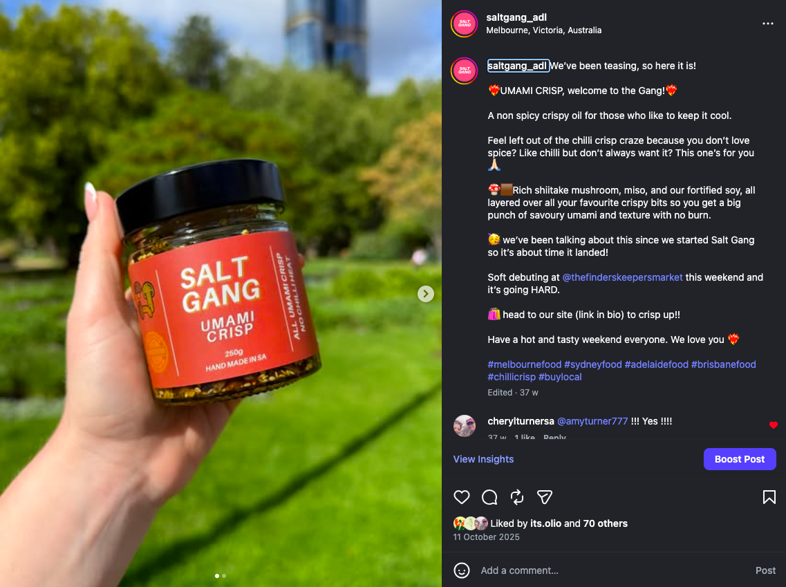 Salt Gang Umami Crisp jar, a no-chilli non-spicy chilli crisp alternative made with crispy garlic, shallots, miso, mushroom soy and shiitake.
