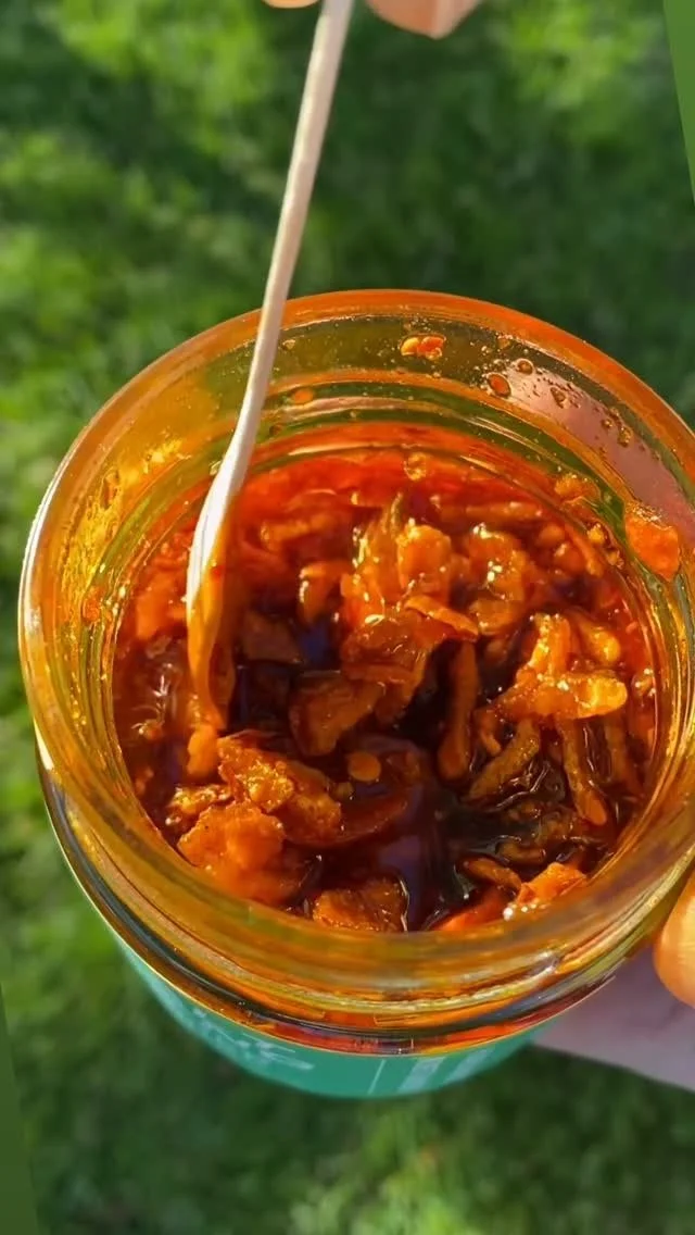 Close-up of a jar filled with dark, chunky, spicy homemade chili with a spoon in it, outdoors with green grass in the background.