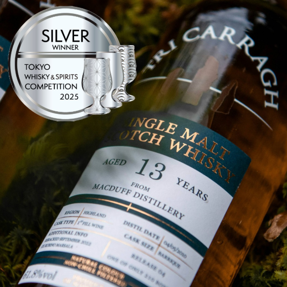 A bottle of single malt Scotch whisky labeled as 13 years old from Macduff Distillery, with a silver award badge for silver winner at the 2025 Tokyo Whisky & Spirits Competition.