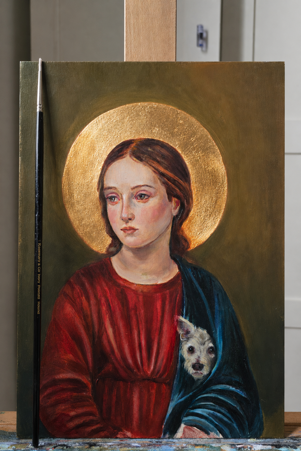 DISPONIBLE. La Virgen con Manolito. Medidas: 20cmx30cm. Óleo sobre tabla, pequeño formato