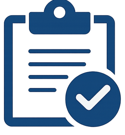 Icon of a clipboard with a checkmark in a circle, representing completed or approved tasks.