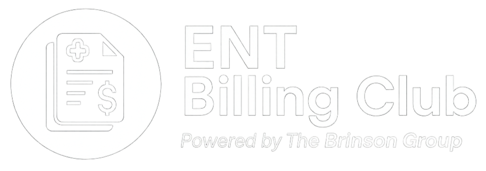 Logo of ENT Billing Club, featuring a document with a medical cross, a dollar sign, and lines of text, alongside the text 'ENT Billing Club' and the tagline 'Powered by The Brinson Group'.