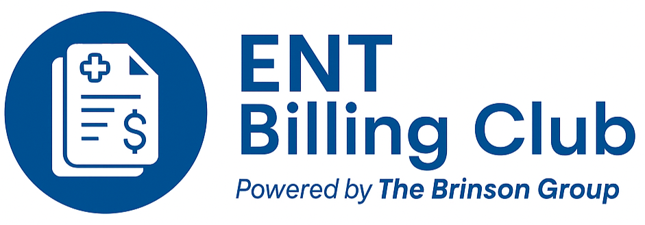 Logo for ENT Billing Club featuring a blue circle with a document and medical cross icon, and text indicating 'ENT Billing Club' powered by "The Brinson Group".