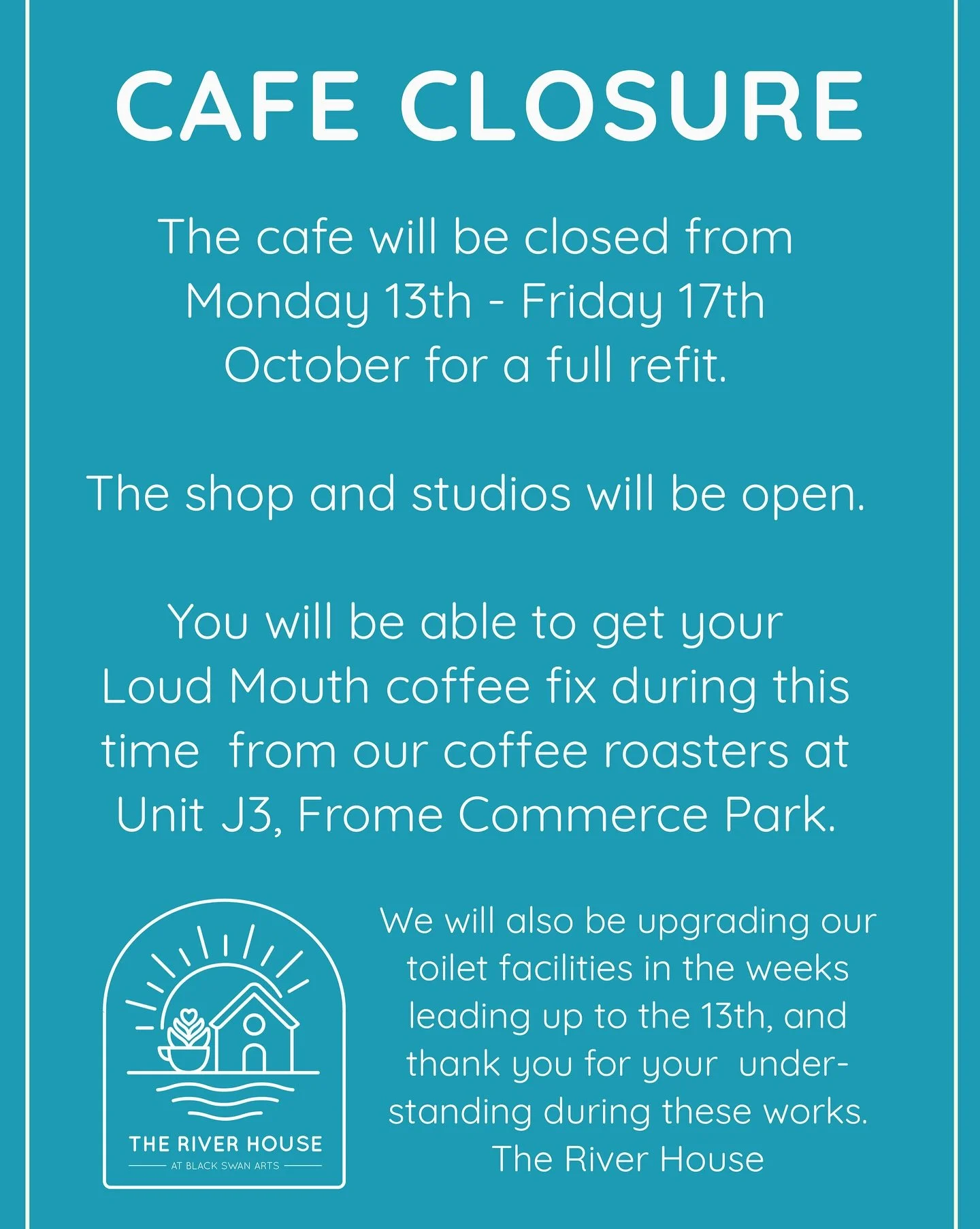 NEXT MONTH PEEPS 🔧🔨

We&rsquo;re gonna be closed for 5 days for a full cafe refit from the 13th October. We&rsquo;ll be making some mad upgrades to our front of house area, giving the place a full makeover to create a gorgeously comfortable cafe sp