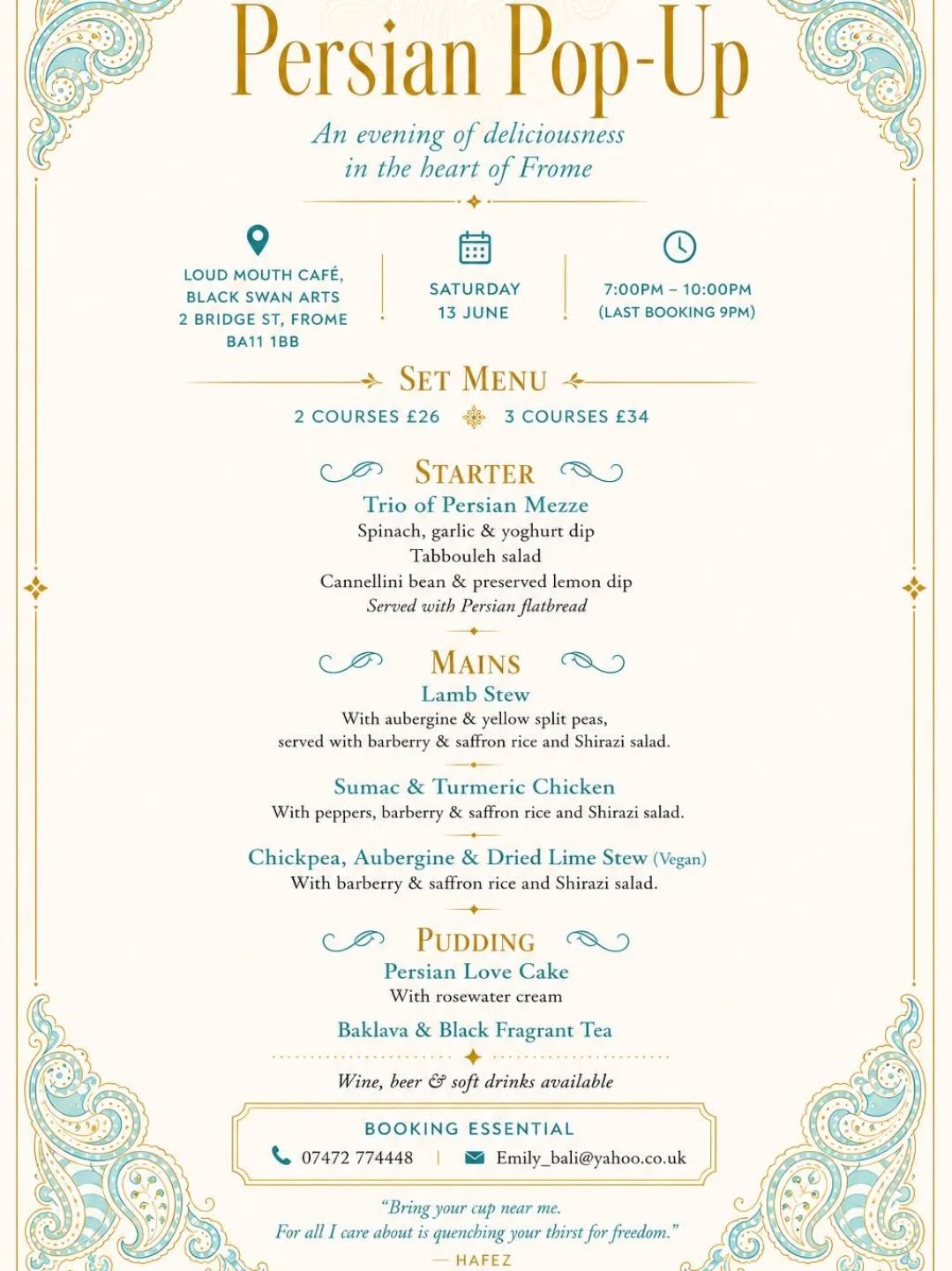 For one night only, Loud Mouth cafe is going to be celebrating everything Persian! 

On Saturday 13 June, we will be the venue for the wonderful Emily Tavakoly to host the evening of all evenings. 

With a stunning menu that is bound to wow and leave