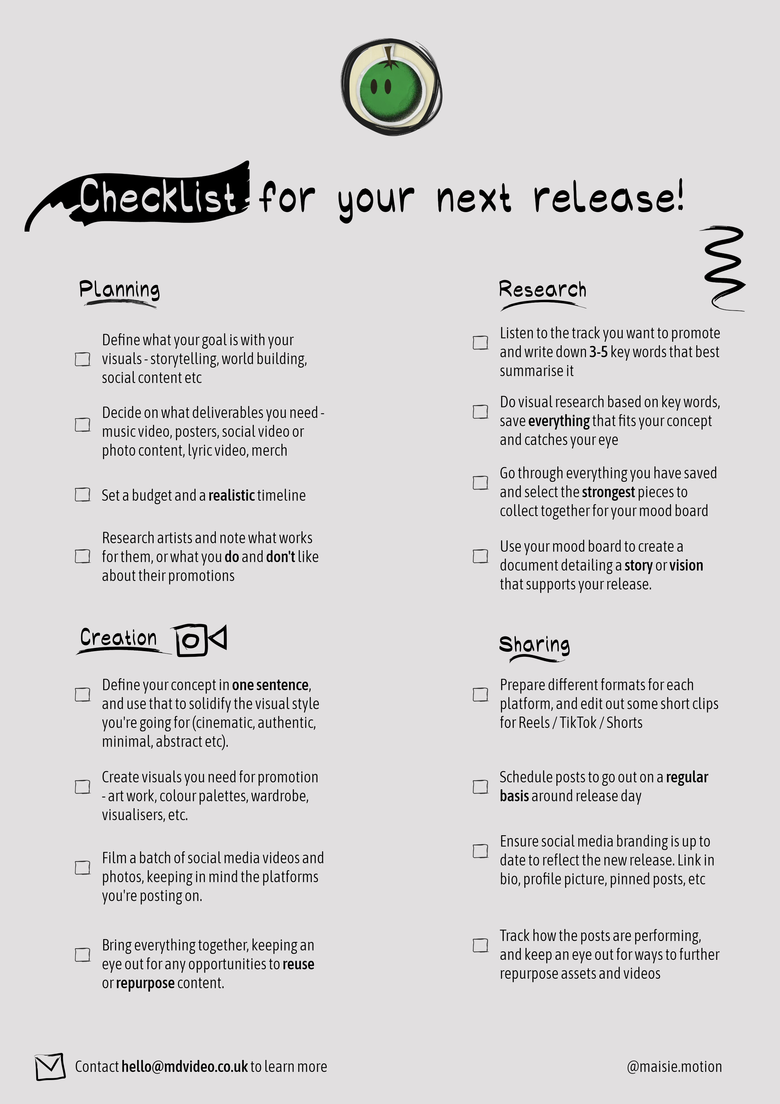 Checklist for your next music release, divided into Planning, Creation, Research, and Sharing sections, with icons and bullet points for each step.