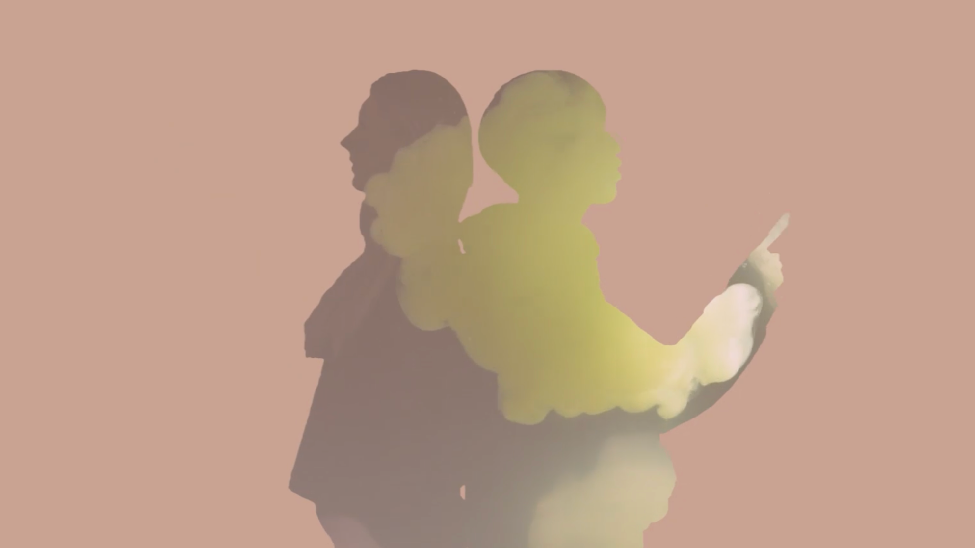 A double exposure silhouette image combining a woman's and a man's profile and a hand pointing with a finger against a peach-colored background.