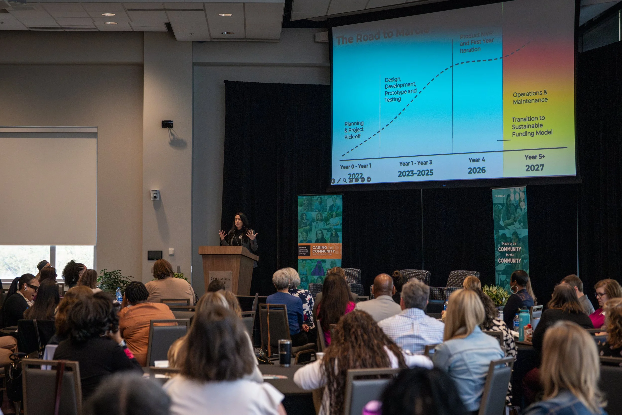 Smart Columbus Director, Hailey Allison, discussing the Marcie delivery timeline in front of an audience. The timeline is on a projector screen hanging from the ceiling behind her.