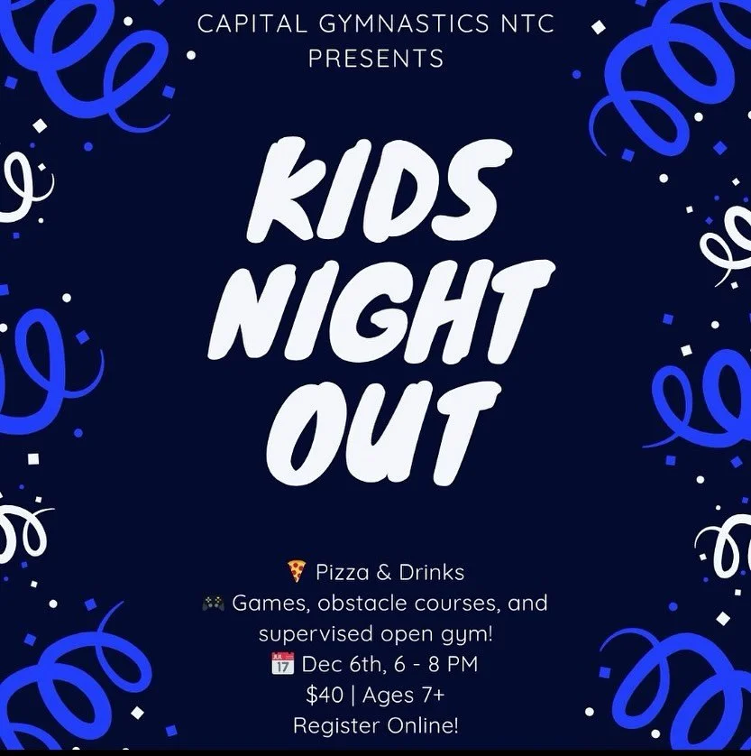🎉 Introducing Kids Night Out! 🎉
Our brand-new monthly event gives kids a night full of fun &mdash; and gives parents a chance to relax or finish that last-minute holiday shopping! 😉

🍕 Pizza &amp; drinks included
🎮 Games, obstacle courses, and s
