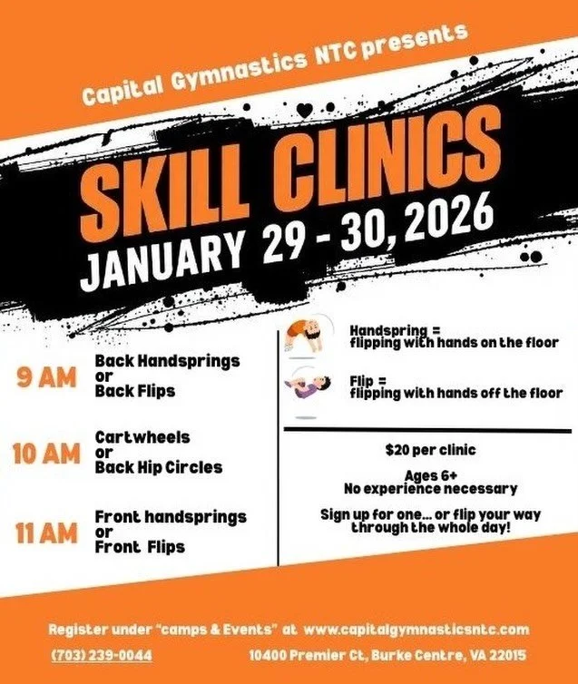 🤸&zwj;♂️ Flip into 2026 with our Skills Clinics! 🤸&zwj;♀️
Ready to level up your gymnast&rsquo;s skills? Our January Skills Clinics are the perfect chance to build confidence and master exciting new moves!

📅 January 29&ndash;30, 2026
⏰ 9 AM &ndas