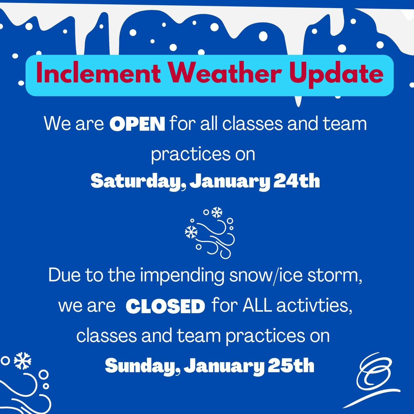 ❄️The status of Monday will be announced by Sunday morning. ~ Please stay warm and safe!