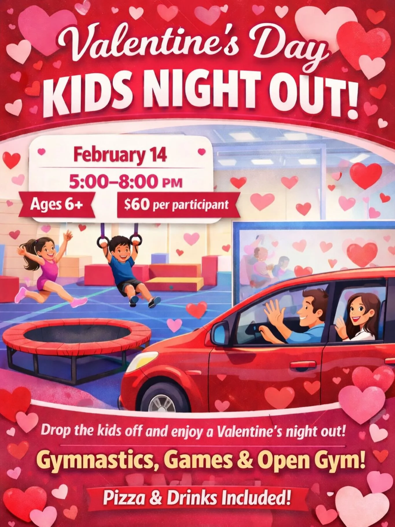 ❤️Love is in the air and so is LOTS of energy 💕🤸&zwj;♀️

Drop the kids off and enjoy a Valentine&rsquo;s Night Out while they have a blast at our Valentine&rsquo;s Kids Night Out ❤️

📅 February 14
⏰ 5:00&ndash;8:00 PM
👧 Ages 6+
💲 $60 per partici