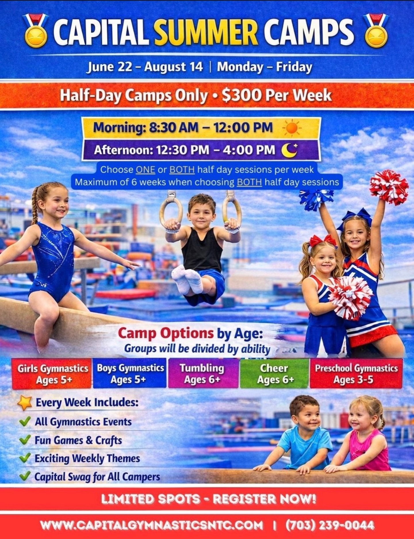 🚨🚨 SUMMER CAMP ALERT 🚨🚨
&bull;&bull;&bull;&bull;&bull;&bull;&bull;&bull;&bull;
🗓️: June 22 - August 14
📌: Limited Spots Available!
www.capitalgymnasticsntc.com 

#gymnasticssummercamp #capitalcamps