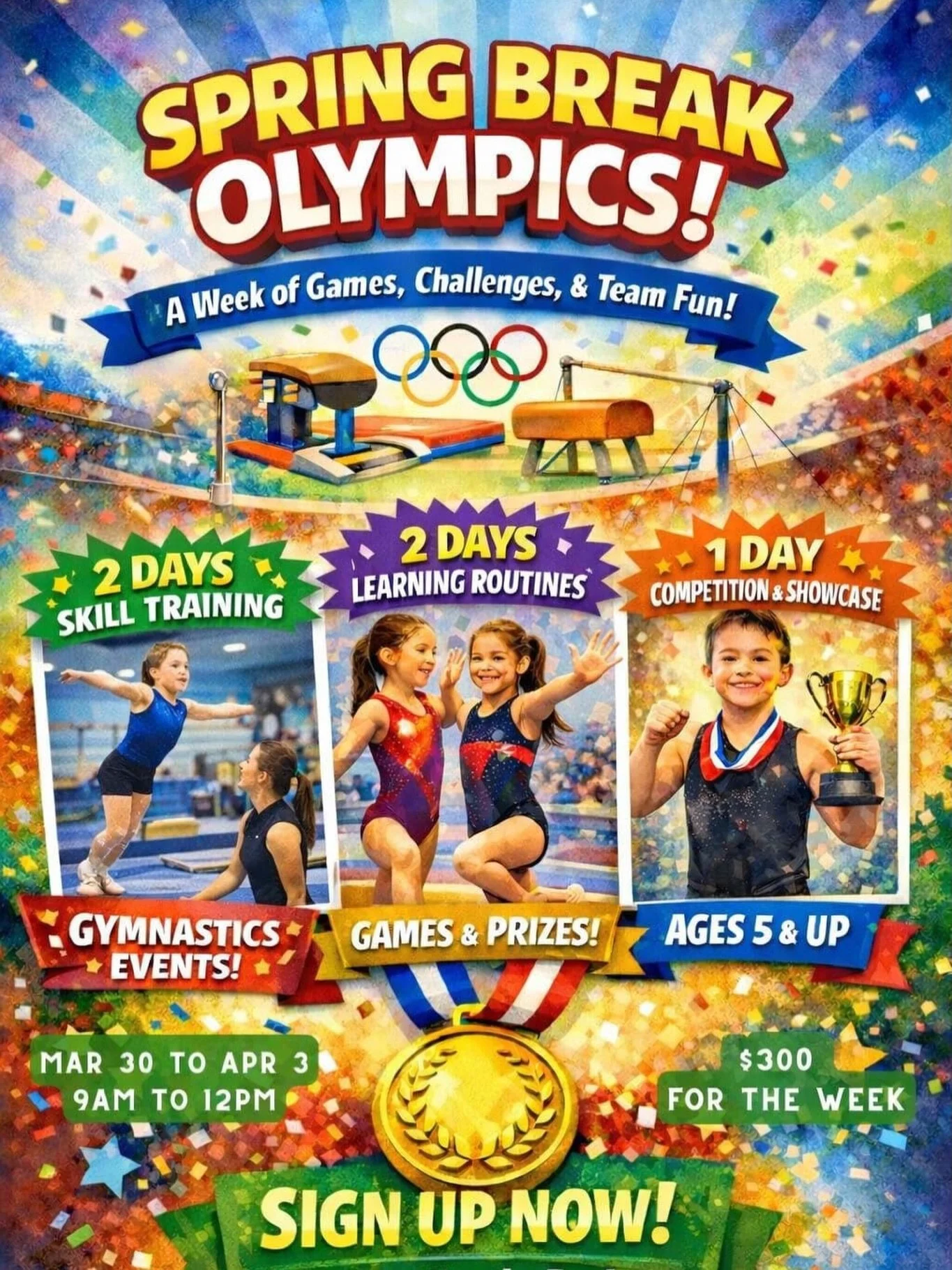 ⚠️REMINDER: In addition to regular classes, this Spring Break, we are also hosting our Spring Break Olympics Camp!
🏅March 30 - April 3
🏅9:00 AM to 12:00 PM

This camp will include skill training, learning routines, gymnastics events, games, prizes,